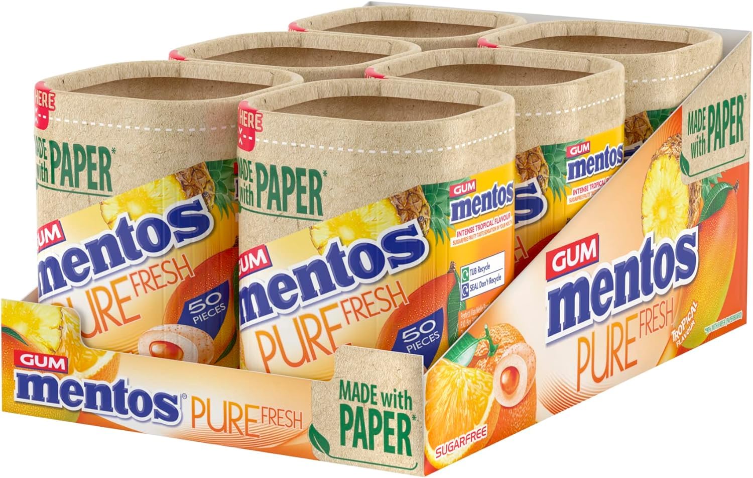 MENTOS GUM - Pure Fresh Chewing Gum, Sugar Free, Tropical Flavor, 50 Count (Pack of 6) 1