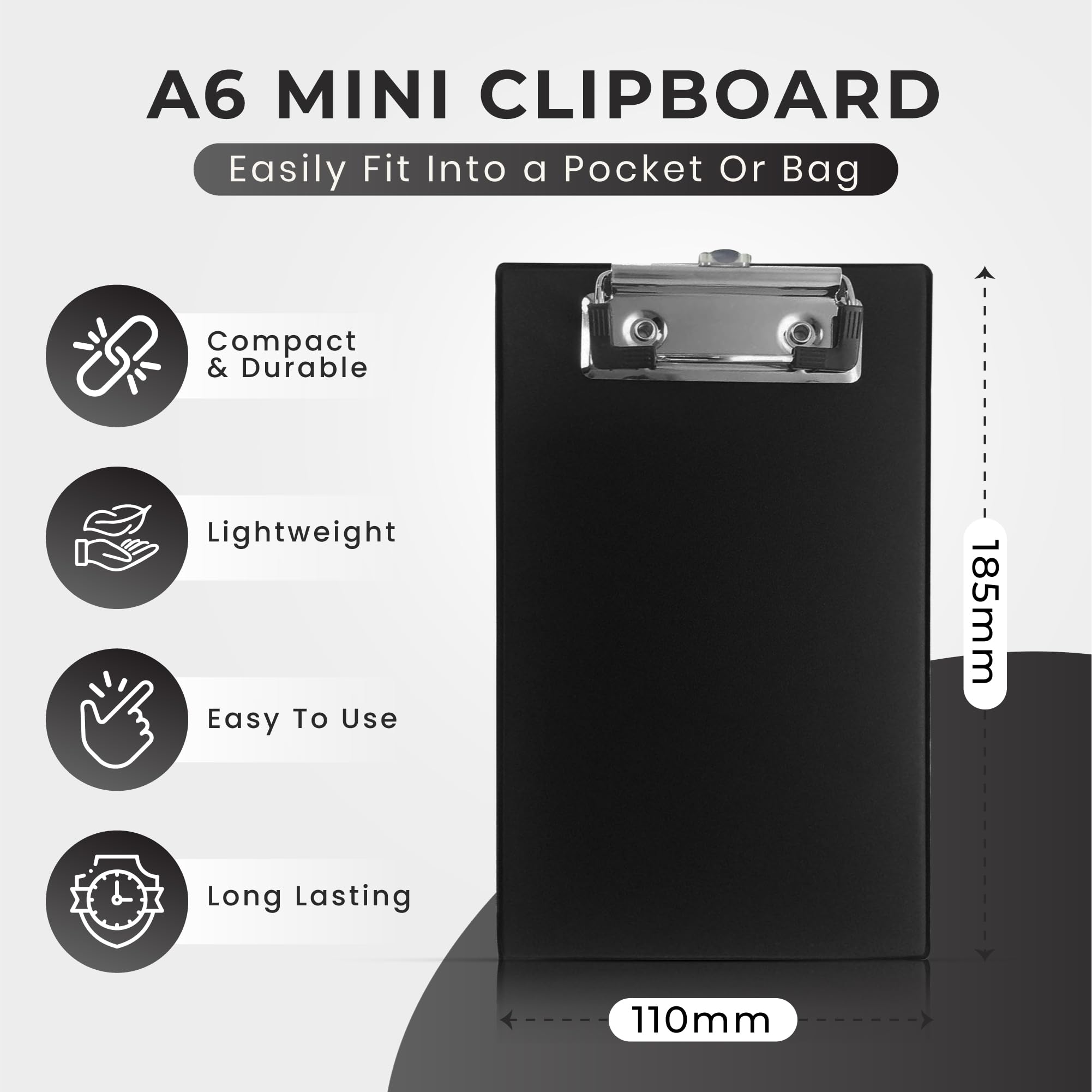 Janrax A6 Mini Clipboard - Black PVC Pocket Hardback Holder | 18.5 x 11cm | 25 Sheet Capacity