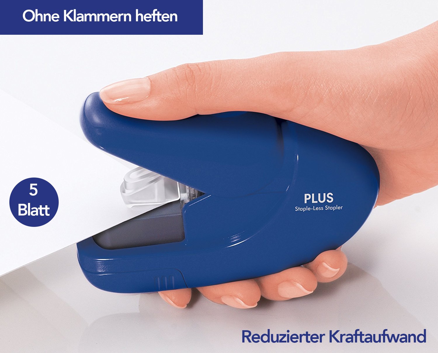 PLUS Desktop Stapler - Staple-Free, 5 Sheet Capacity, Blue | Power Assist Mechanism