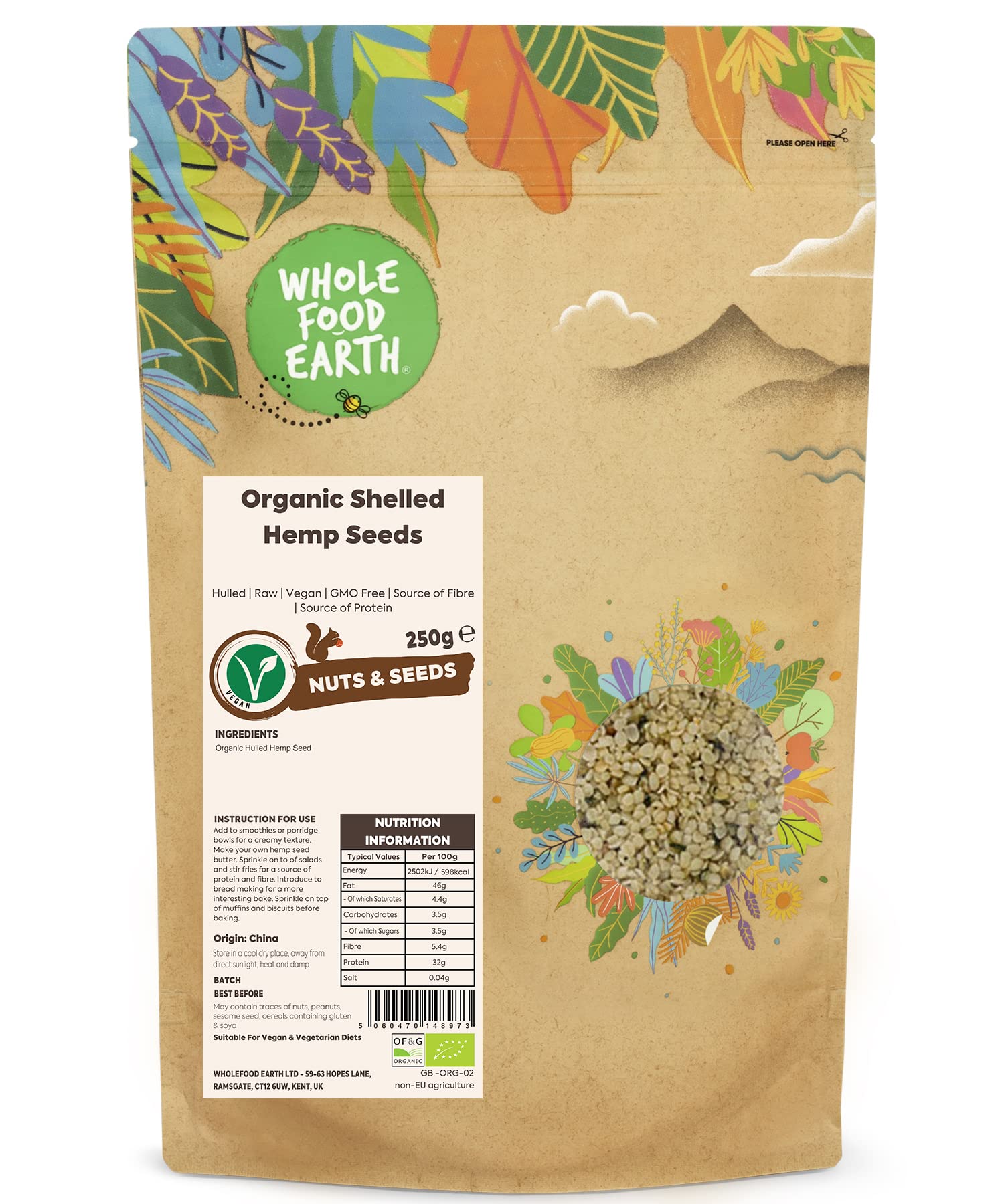 Wholefood Earth Organic Shelled Hemp Seeds - 250g | Raw | Vegan