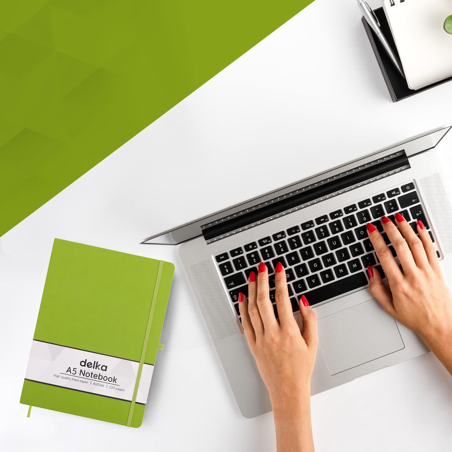 delka A5 Notebook - Ruled Journal with Hard Cover, Vegan Leather Feel, 220 Pages | Green