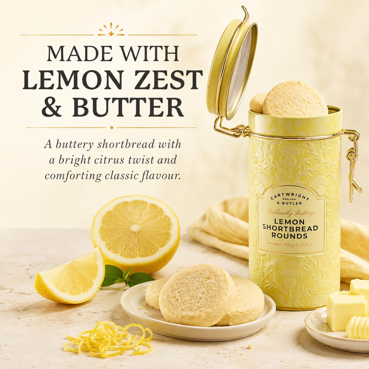Cartwright & Butler Lemon Zest Shortbread Rounds - Buttery & Crumbly | 150g Tin 6