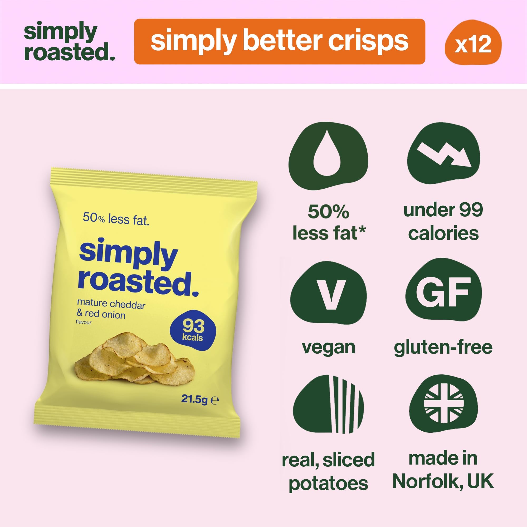 Simply Roasted Mature Cheddar Crisps - 12 Pack Multipack | 50% Less Fat | Under 99 Calories