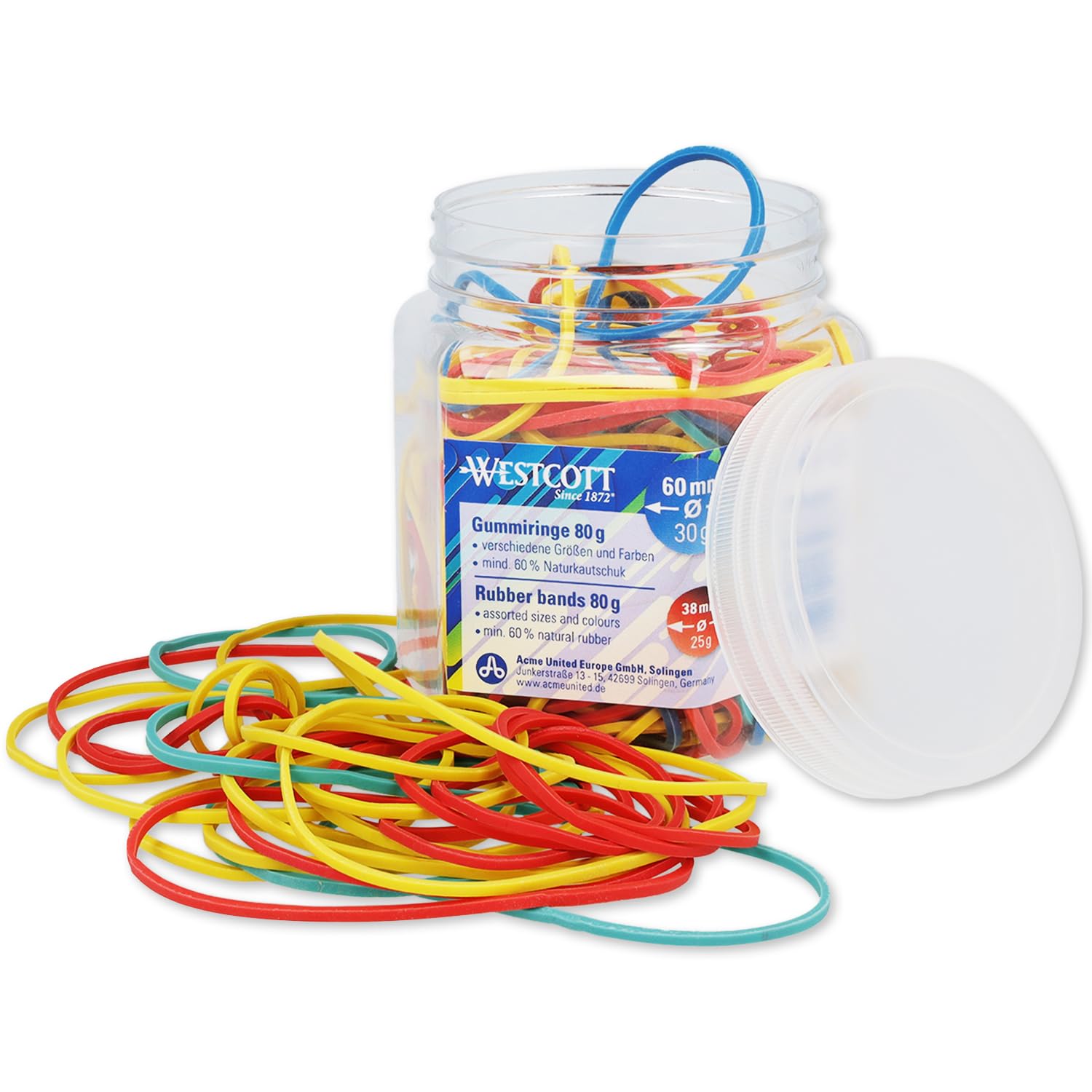 Westcott Rubber Bands - 80g Assorted Sizes & Colors in Resealable Box | 60mm, 50mm, 38mm