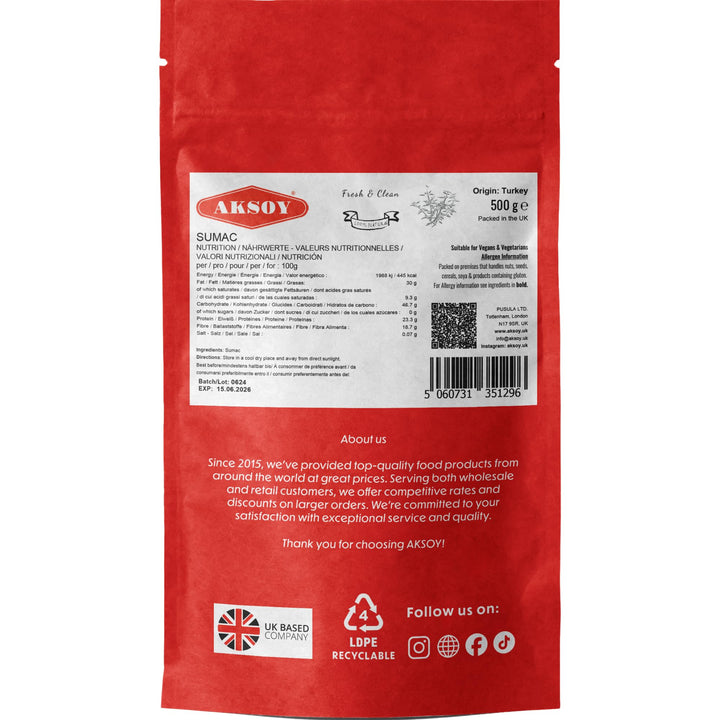 Aksoy Premium Ground Sumac 500g | 100% Natural Tangy Spice for Middle Eastern & Mediterranean Dishes