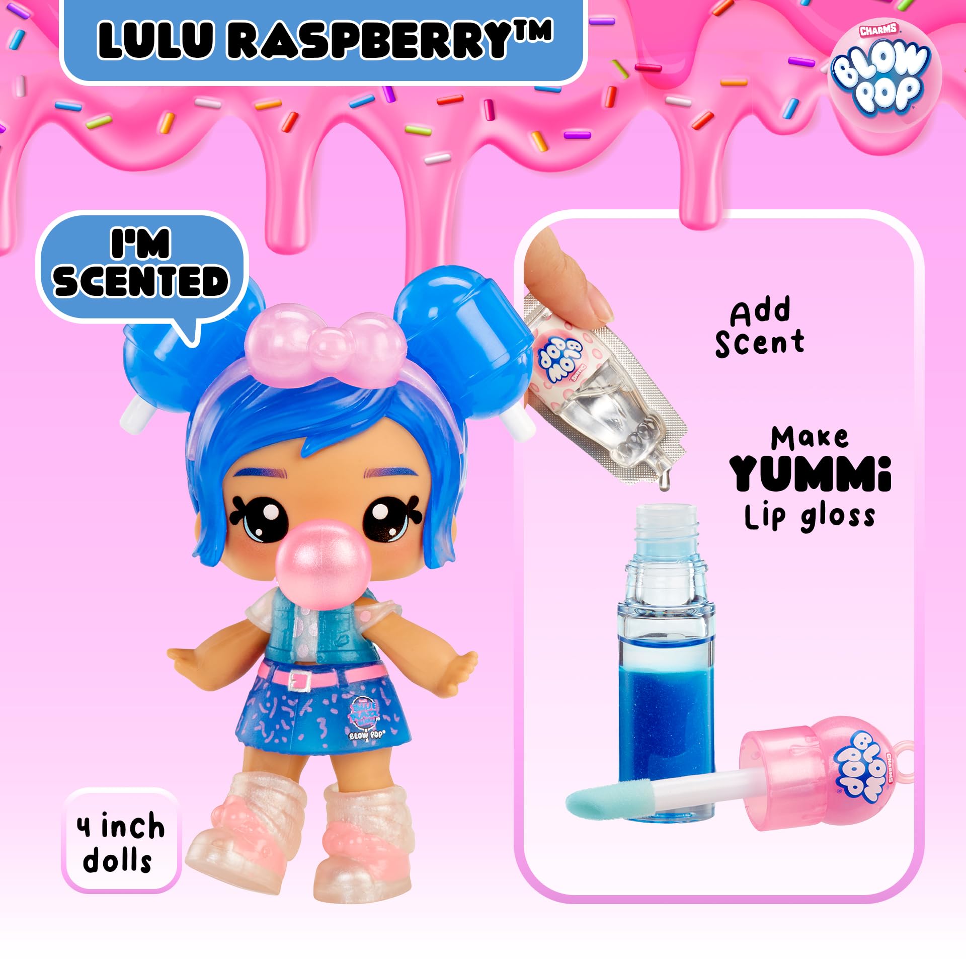 Yummiland x Blow Pop Lip Gloss Doll - Lulu Raspberry DIY Kit with Keychain, Articulated Fashion Doll & Customizable Accessories 12