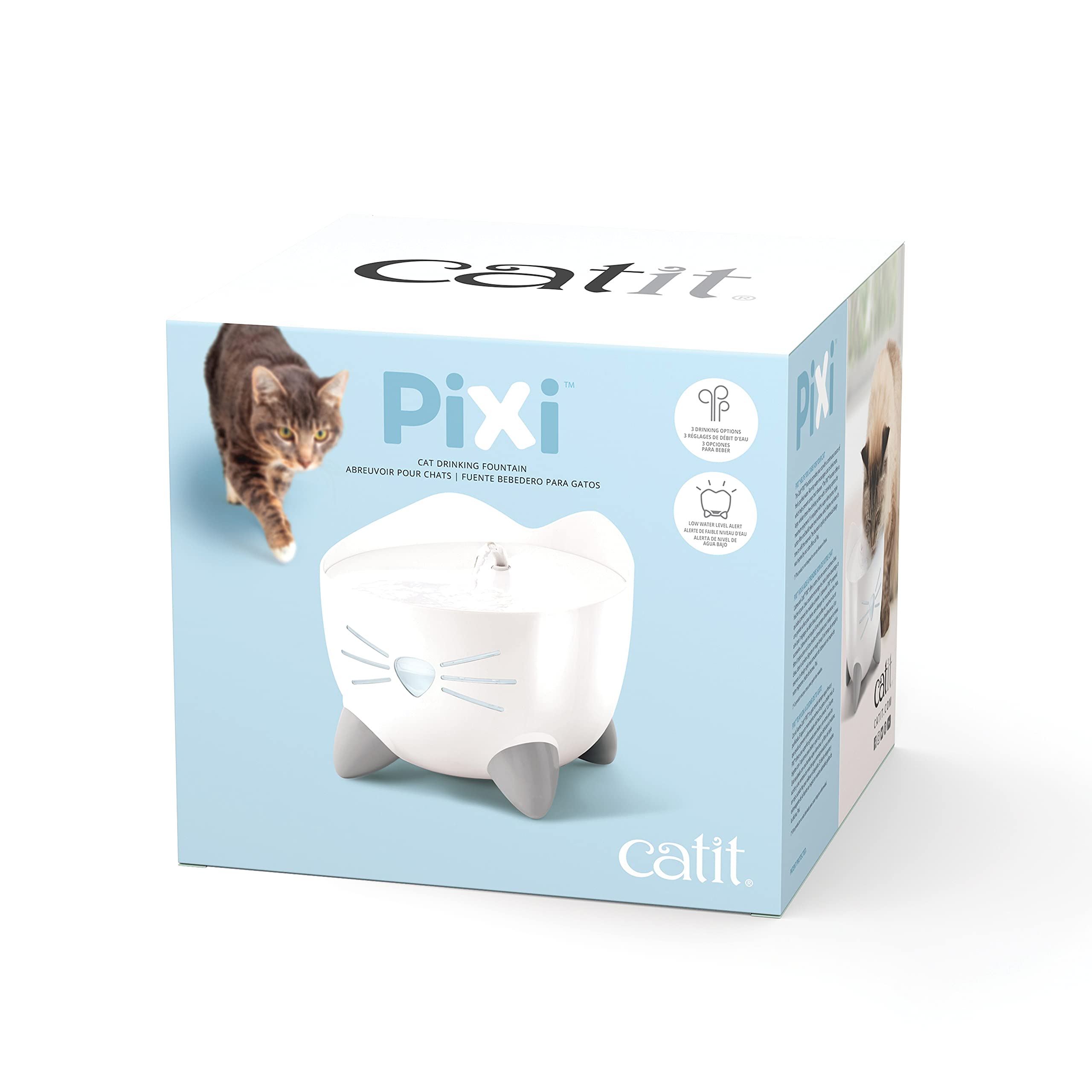 Catit PIXI Cat Drinking Fountain - White Stainless Steel Top | 2.0L Capacity | Triple Filter