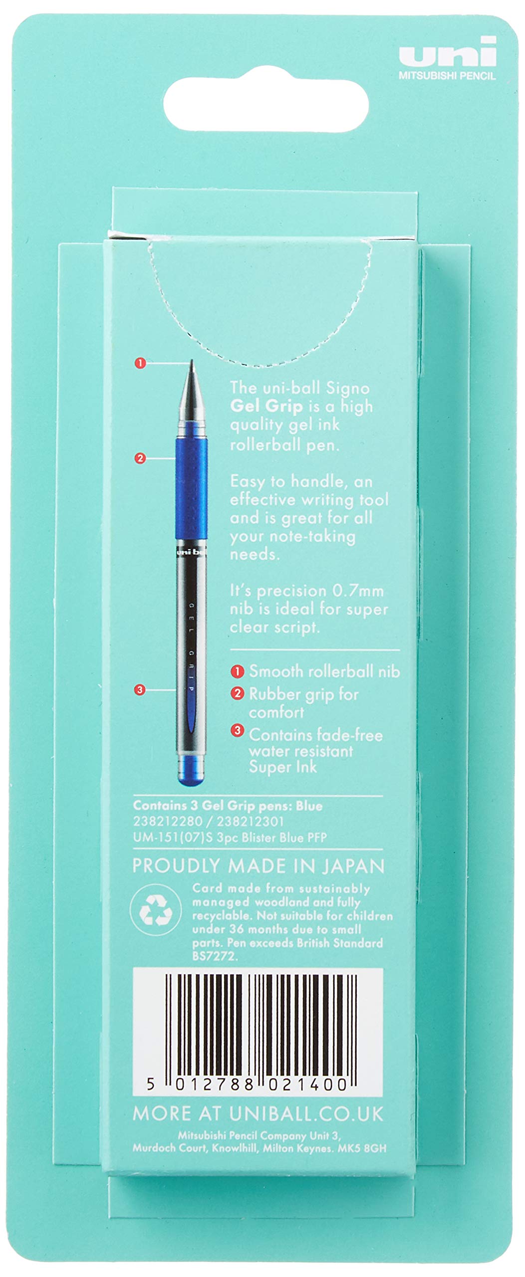 uni-ball UM-151S Gel Grip Rollerball Pen - Medium 0.7mm Tip | Blue Ink | Pack of 3