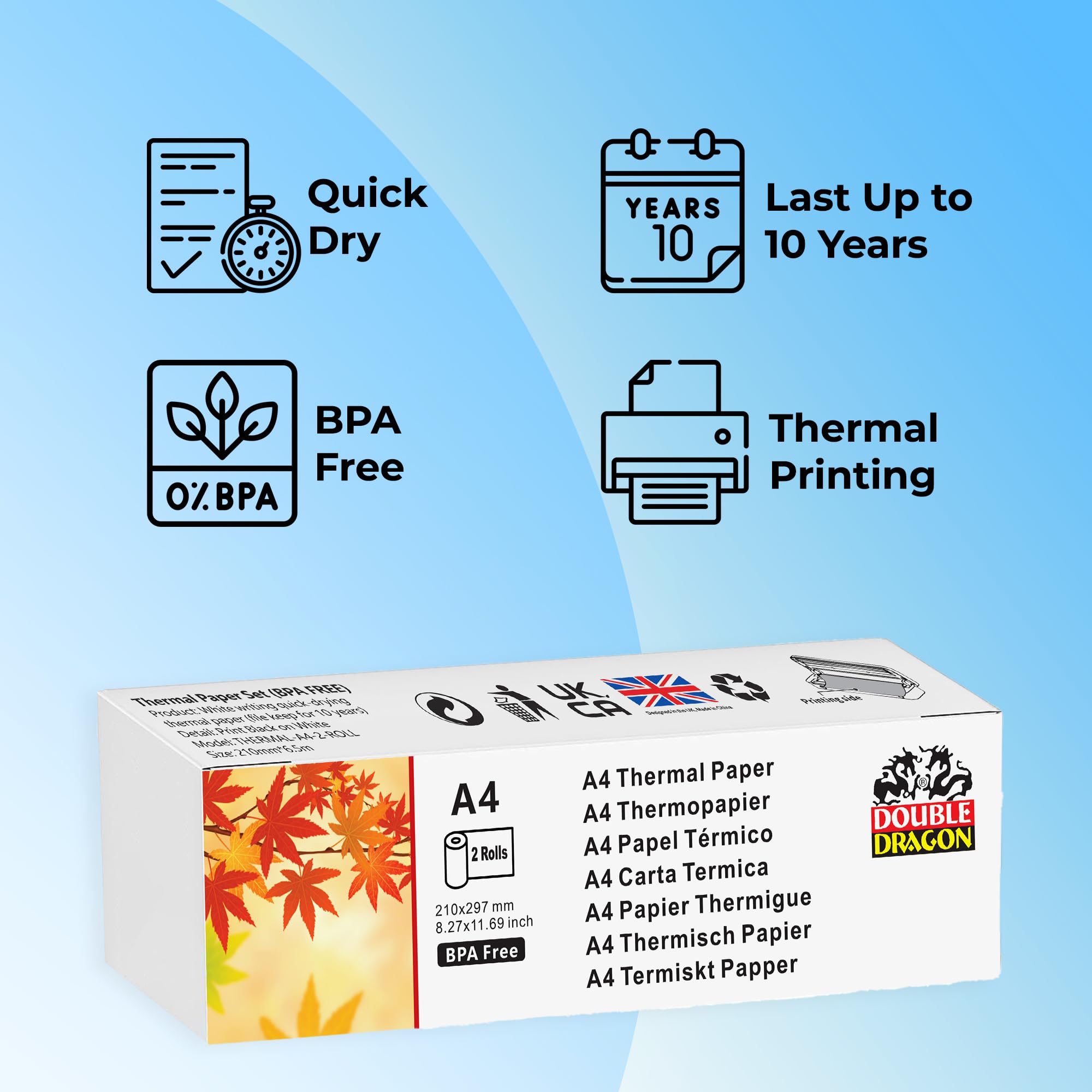 Double Dragon Thermal Printer Paper - 2 Rolls A4 Size (210mm x 6.5m) | Inkless & Water-Resistant