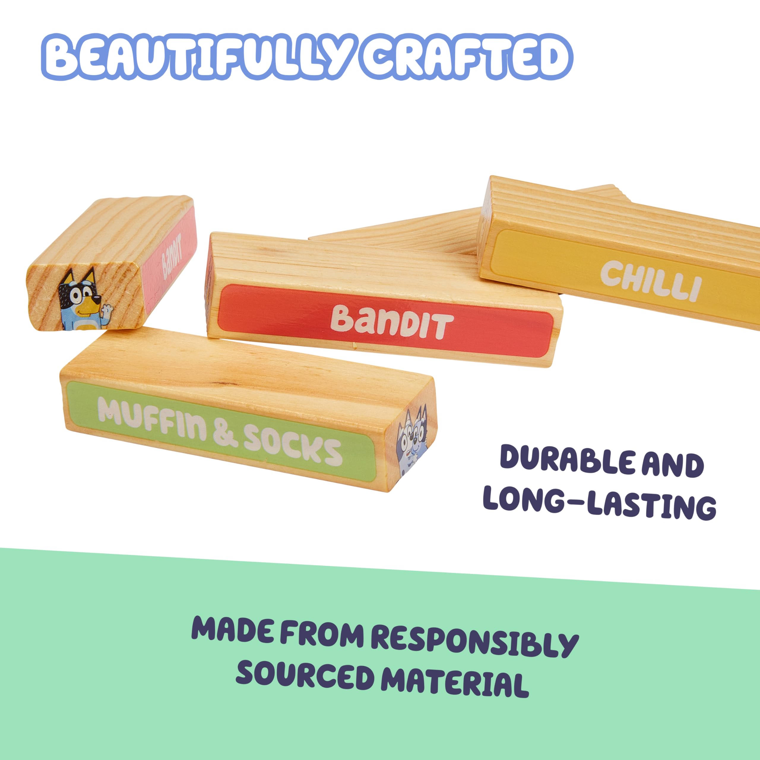 Bluey Tumbling Tower Game - 54 FSC-Certified Wooden Blocks for Stacking Fun