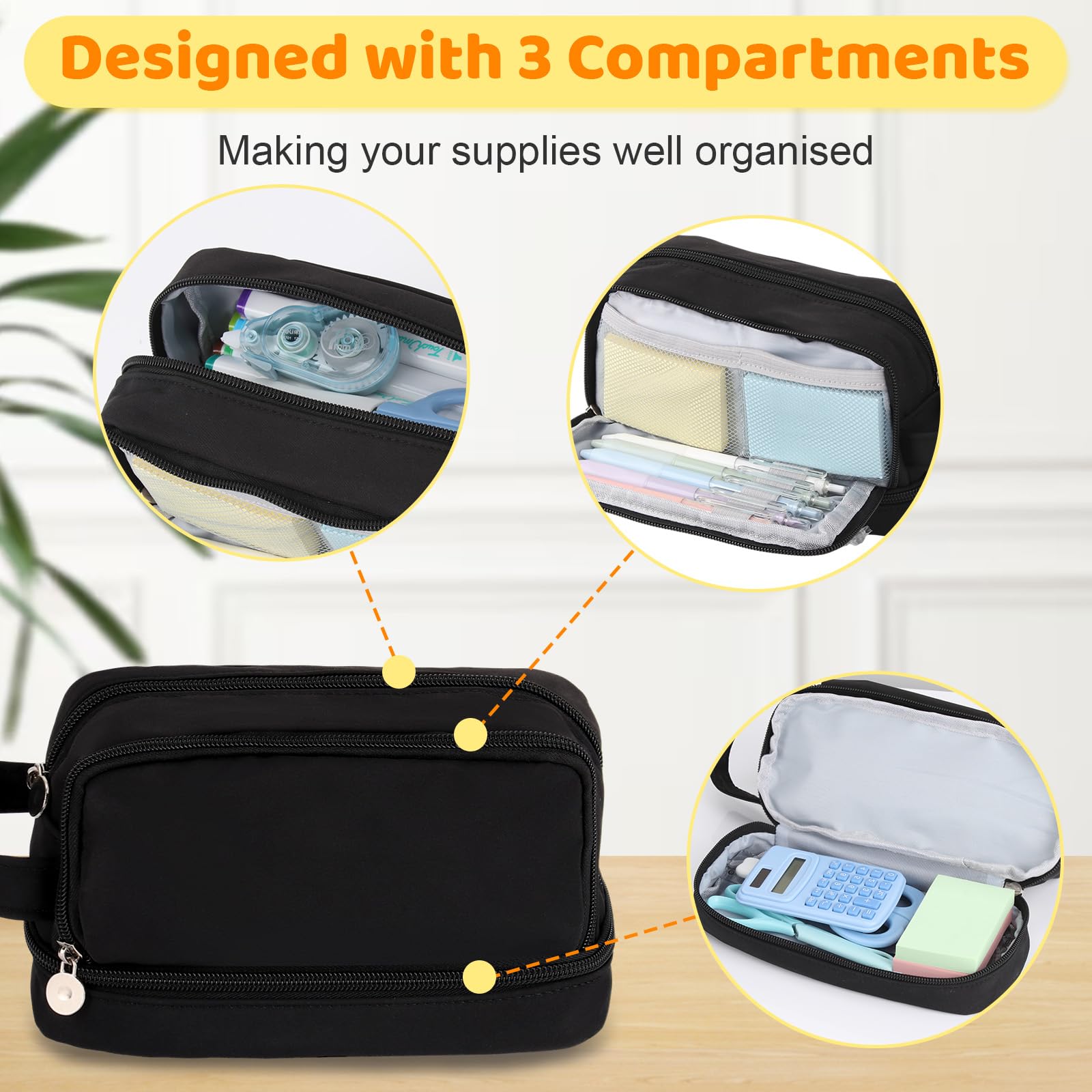 Alyvisun Large Pencil Case - Durable Canvas, 3 Compartments | Updated Black 3