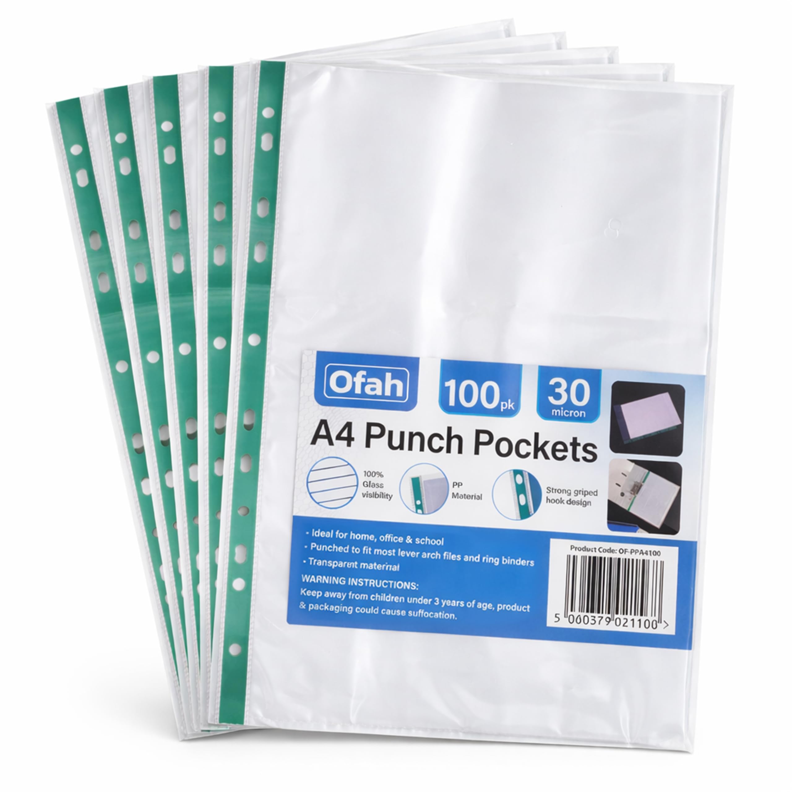Ofah A4 Punch Pockets - 100 Pack Clear, Water Resistant PP Material for Filing | Model OF-PPA4100