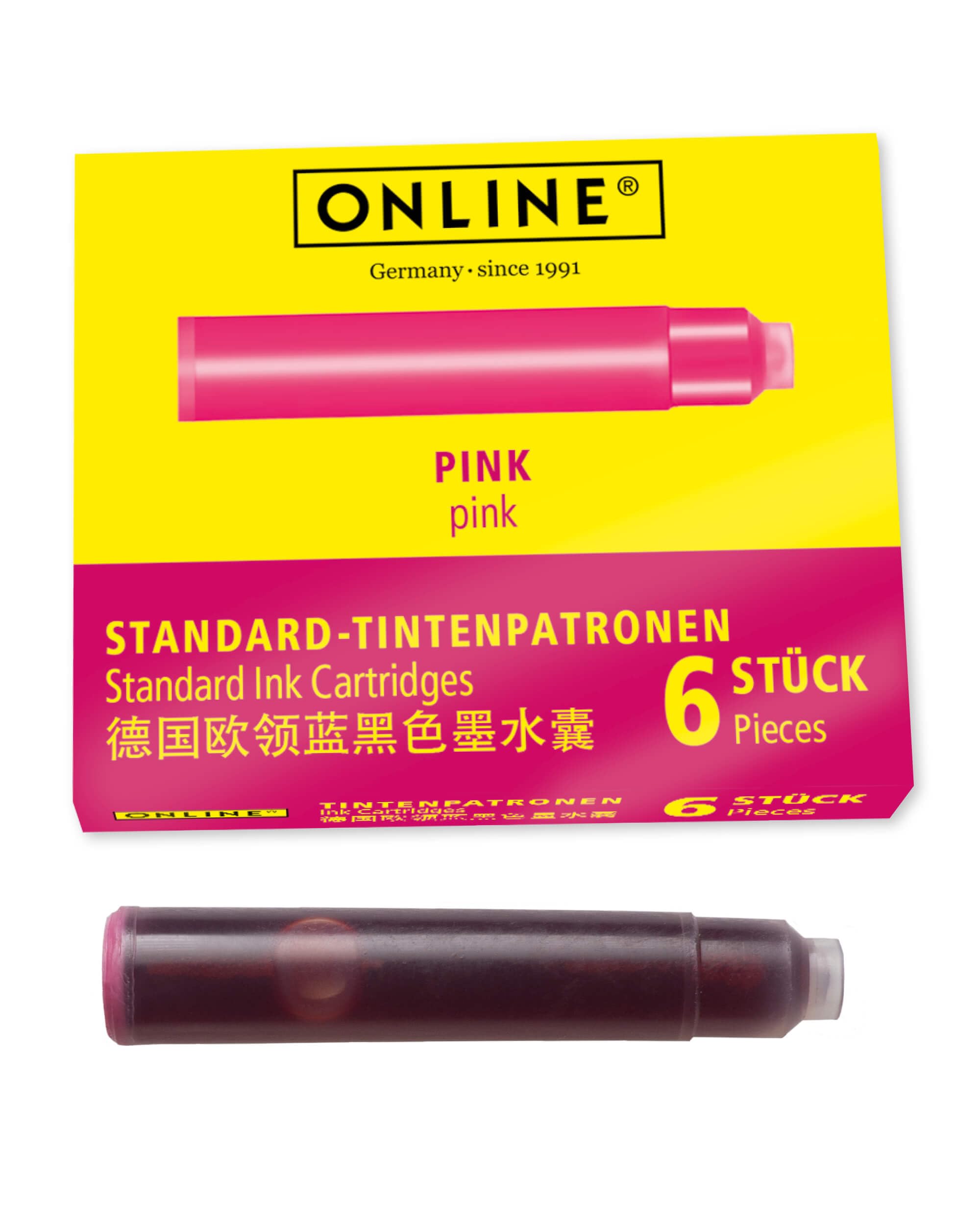 Online Standard Fountain Pen Ink Cartridges - Universal Fit, Pink Color | 6 Pack