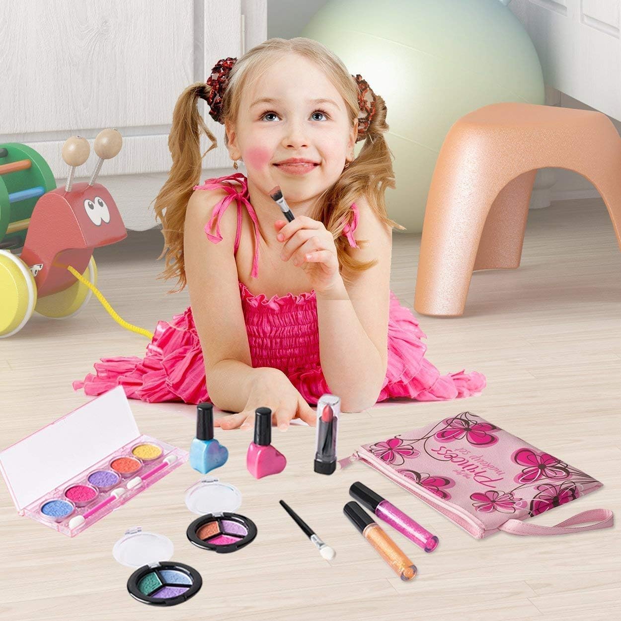 Playkidz My First Princess Washable Real Makeup Set in Pink Floral Cosmetic Bag