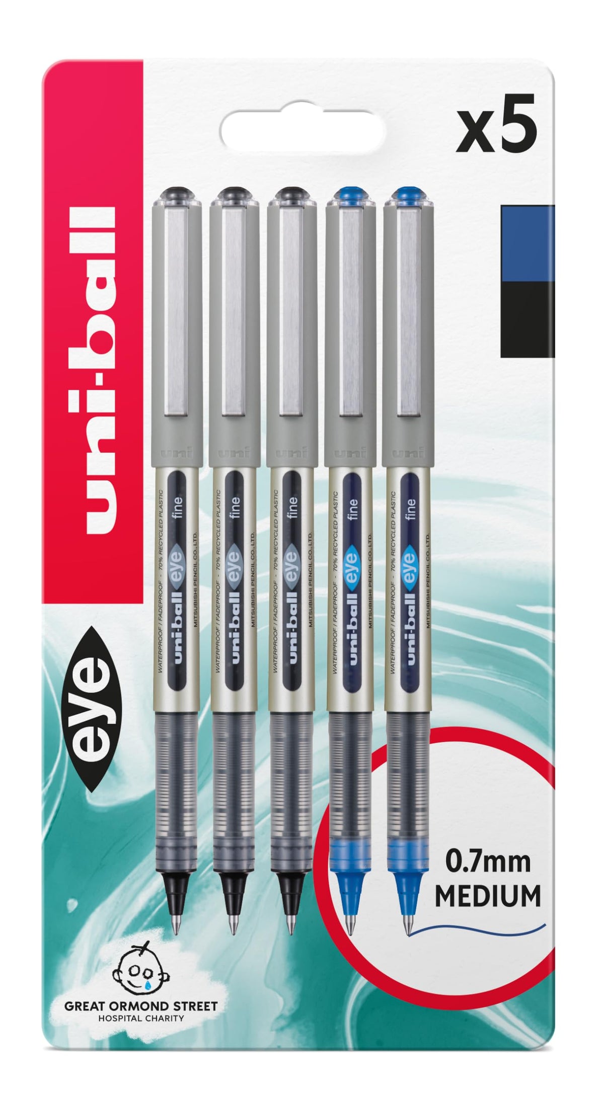 uni-ball UB-157 Eye Rollerball Pens - 0.7mm Fine Tip, Fade & Water Resistant Super Ink, 5 Pack Black/Blue
