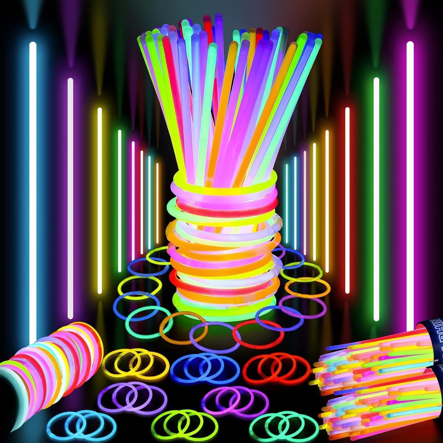 SHATCHI 100Pcs Glow Sticks - 10-12 Hour Glow | Neon Colours | Unisex Children