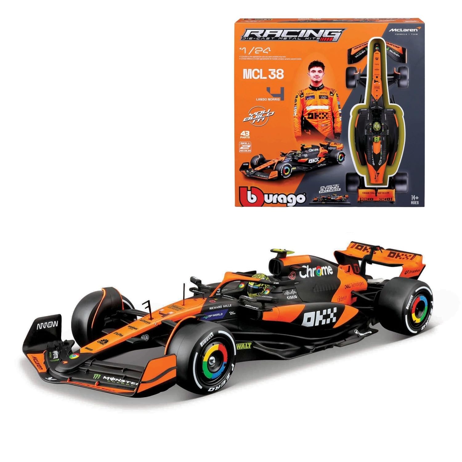 Bburago Build-It-Yourself Die-Cast Formula 1 Model Kit - McLaren MCL38 (2024) | 1:24 Scale | 42 Pieces