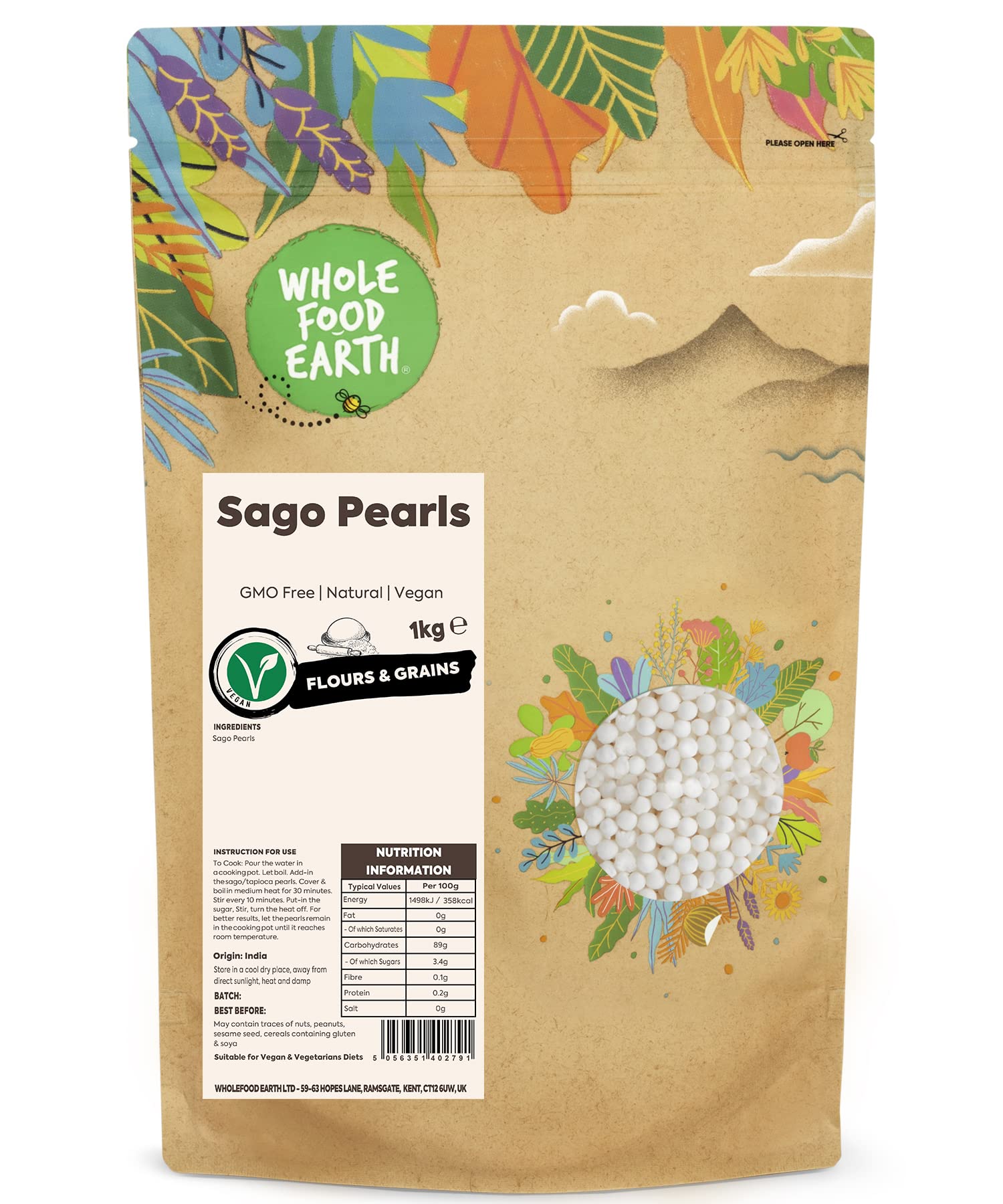 Wholefood Earth Sago Pearls 1 kg | GMO Free | Natural | Recyclable Packaging