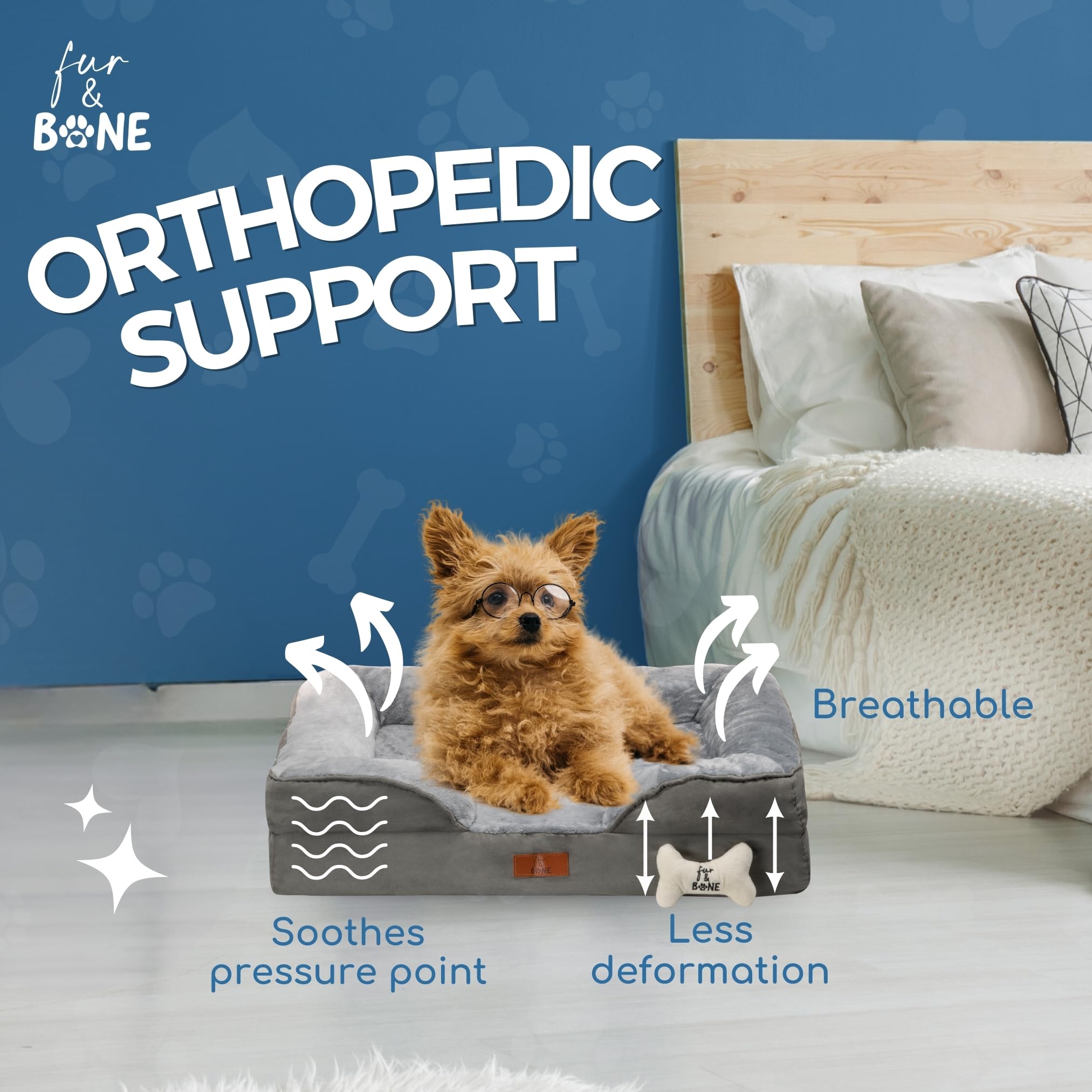 Fur & Bone Medium Dog Bed (70 x 58 x 18 cm) – Orthopedic Support, Waterproof, Non-Skid 5