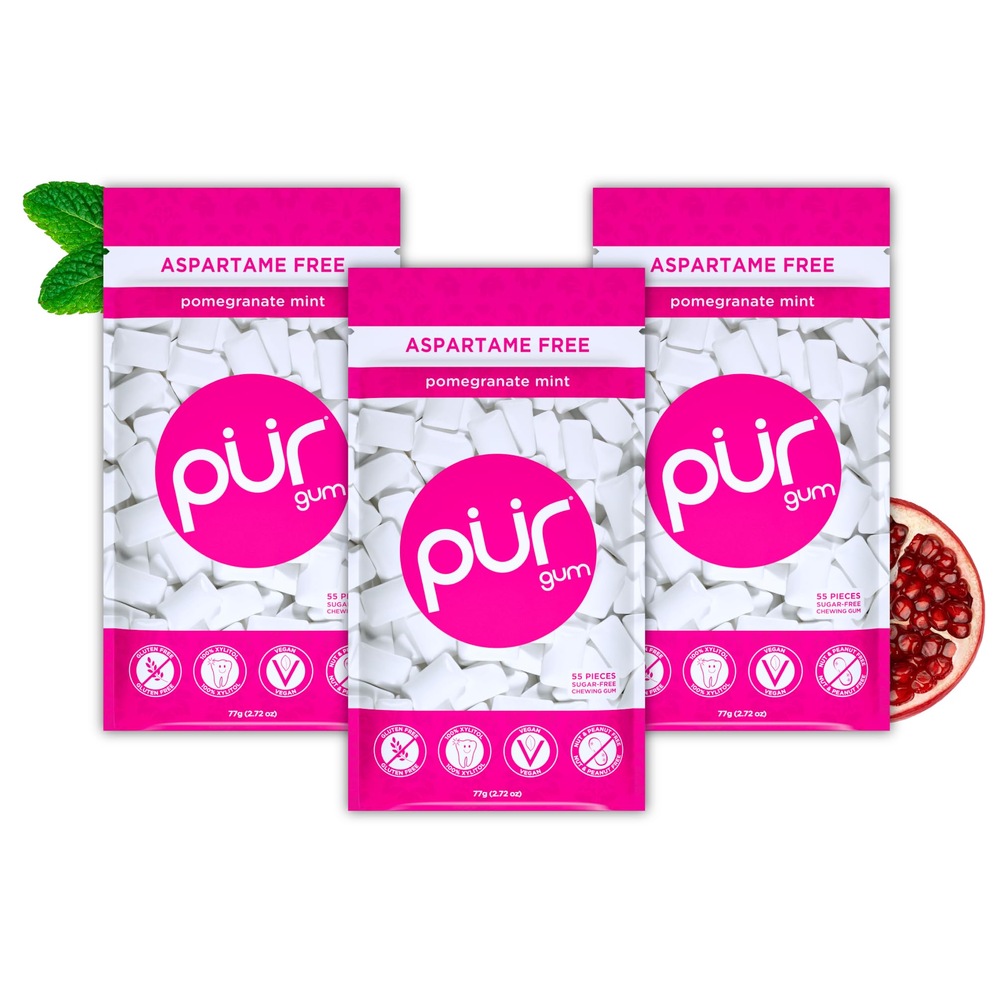 PUR - Natural Pomegranate Mint Sugar-Free Chewing Gum (55 Pieces, Pack of 3) 1