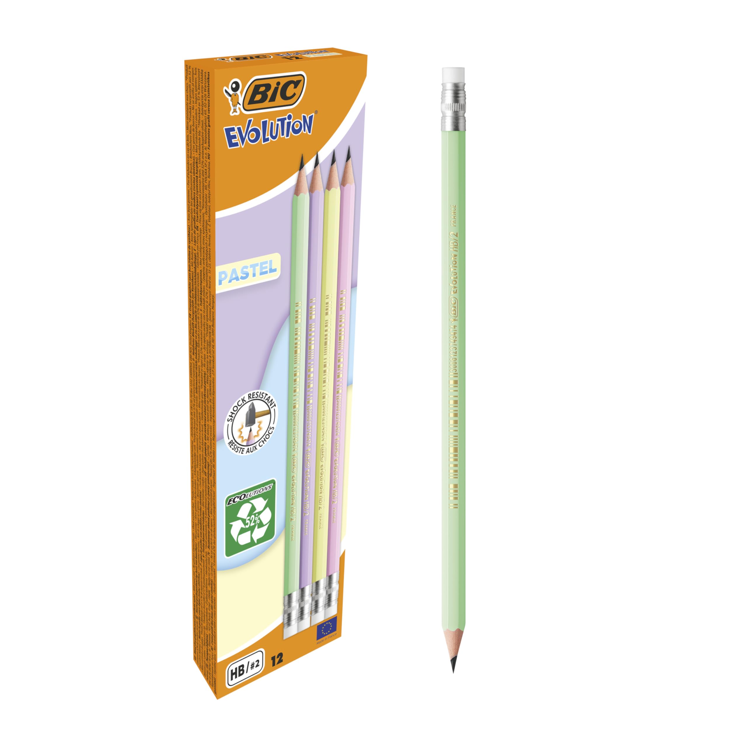 BIC Evolution Pastel Graphite Pencils with Eraser | HB Lead | Pack of 12 | Hexagonal Grip 1