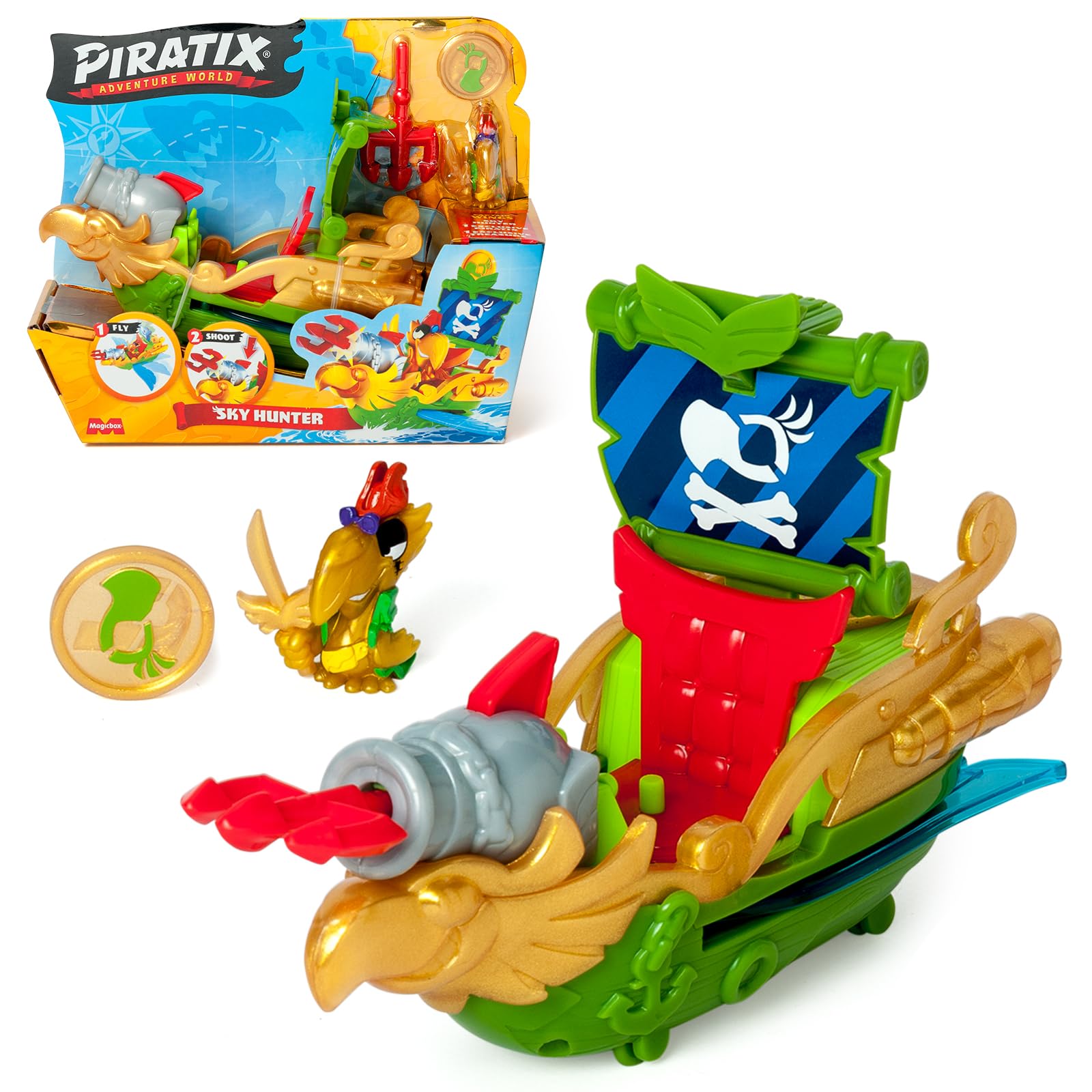 PIRATIX ADVENTURE WORLD Sky Hunter Pirate Ship Playset | Flapping Wings | Fires Cannon | Includes Captain Wings Figure