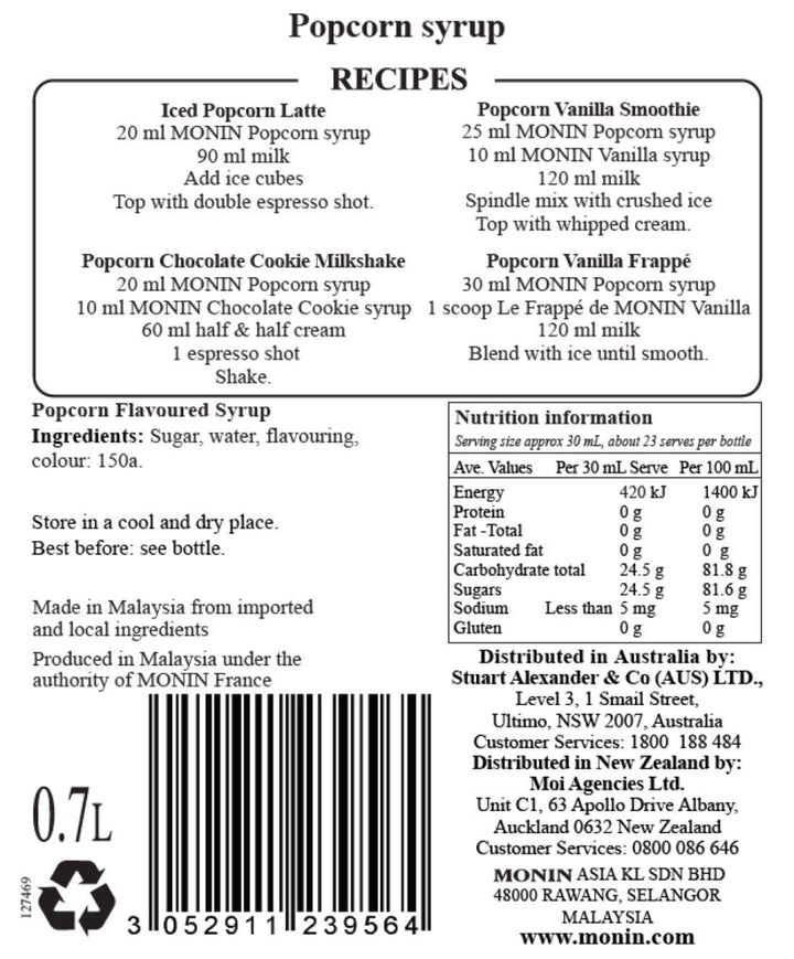 MONIN Premium Popcorn Syrup 700 ml - Beverage Syrup for Coffee, Cocktails & Frappes