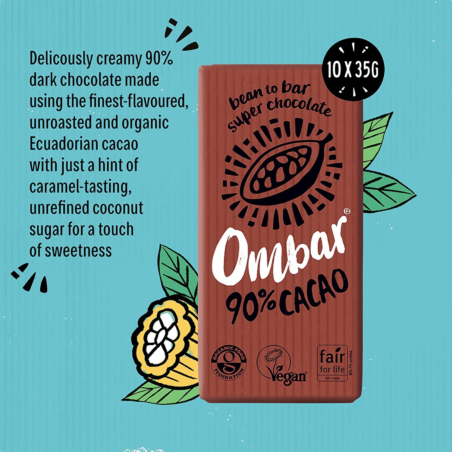 Ombar - 90% Cacao Vegan Dark Chocolate Bar (35g x 10) Organic, Dairy & Gluten Free 3