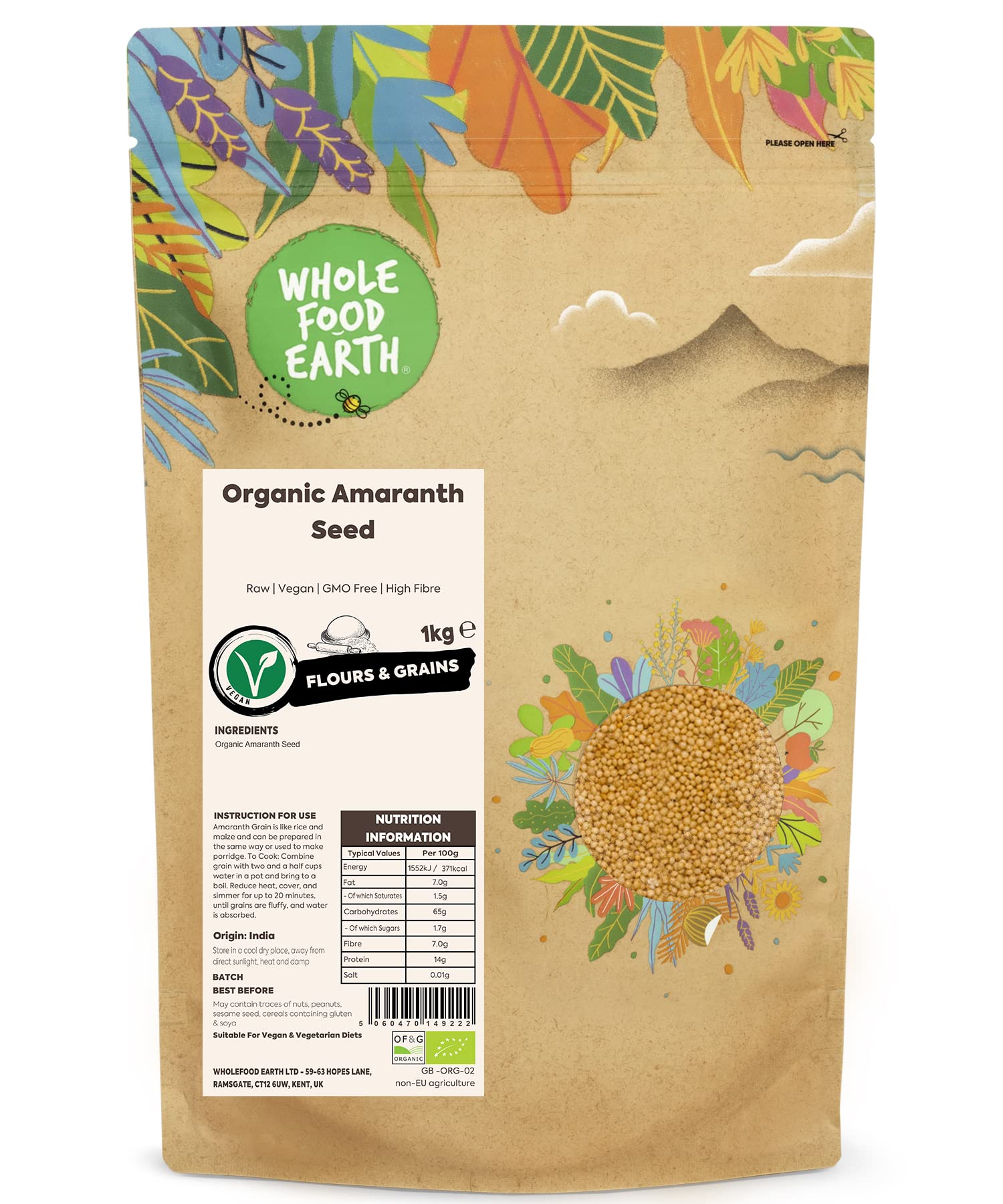 Wholefood Earth Organic Amaranth Seed - Raw Vegan Grain | 1 kg 1