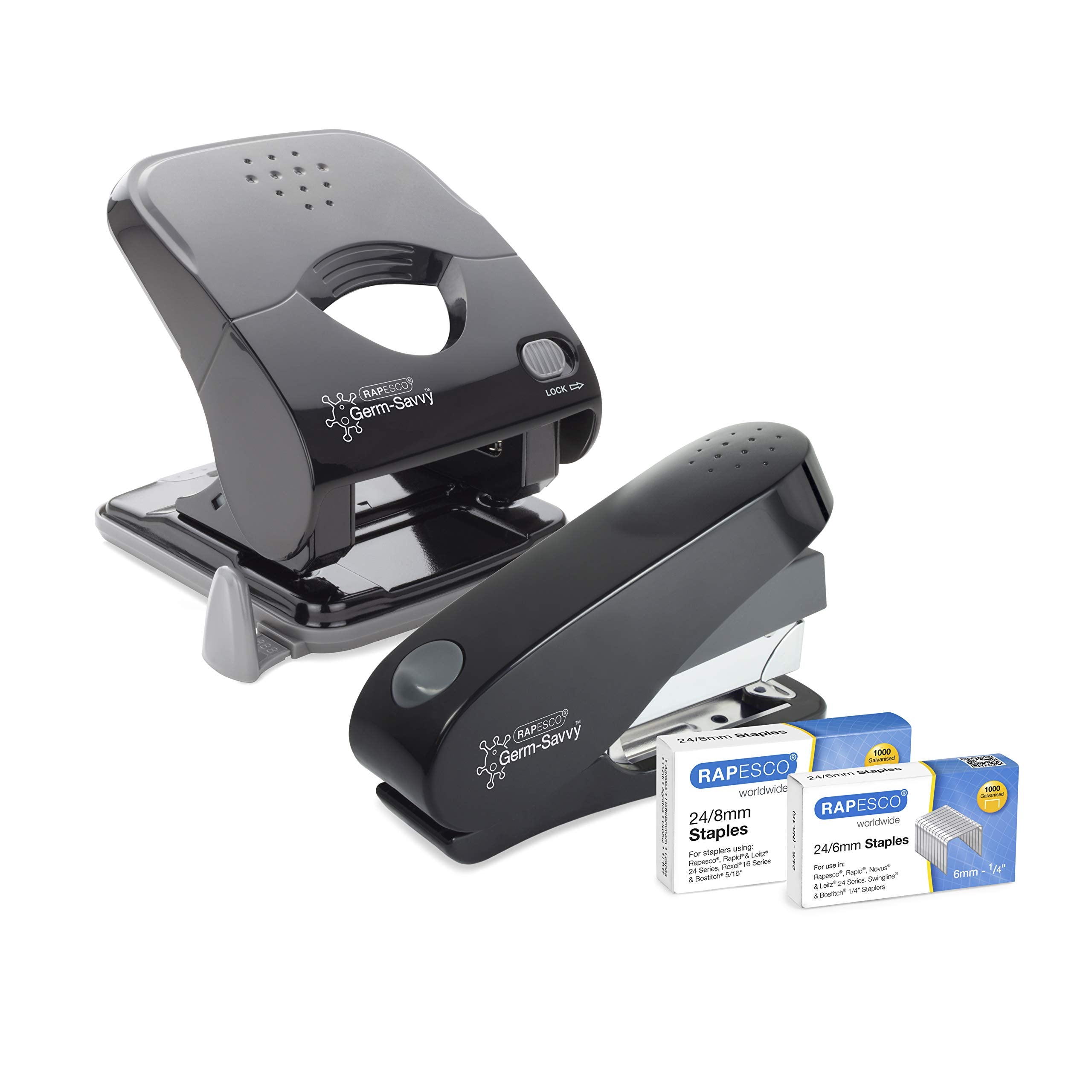 RAPESCO 1623 Germ-Savvy Antibacterial ECO Less Effort Stapler & Hole Punch Set - Black 1