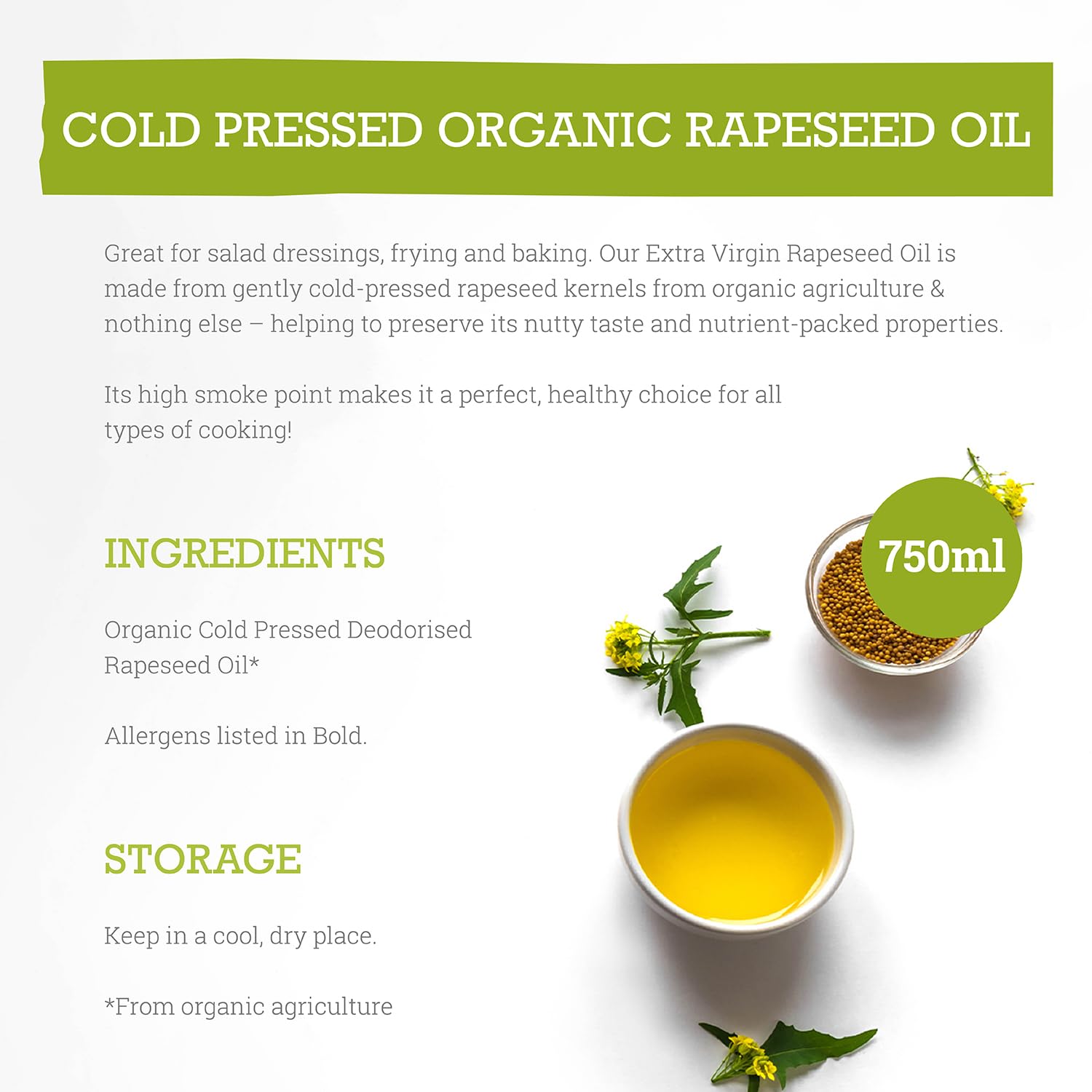 Mr Organic Cold Pressed Rapeseed Oil - Organic, Vegan, High Smoke Point | 750ml 2