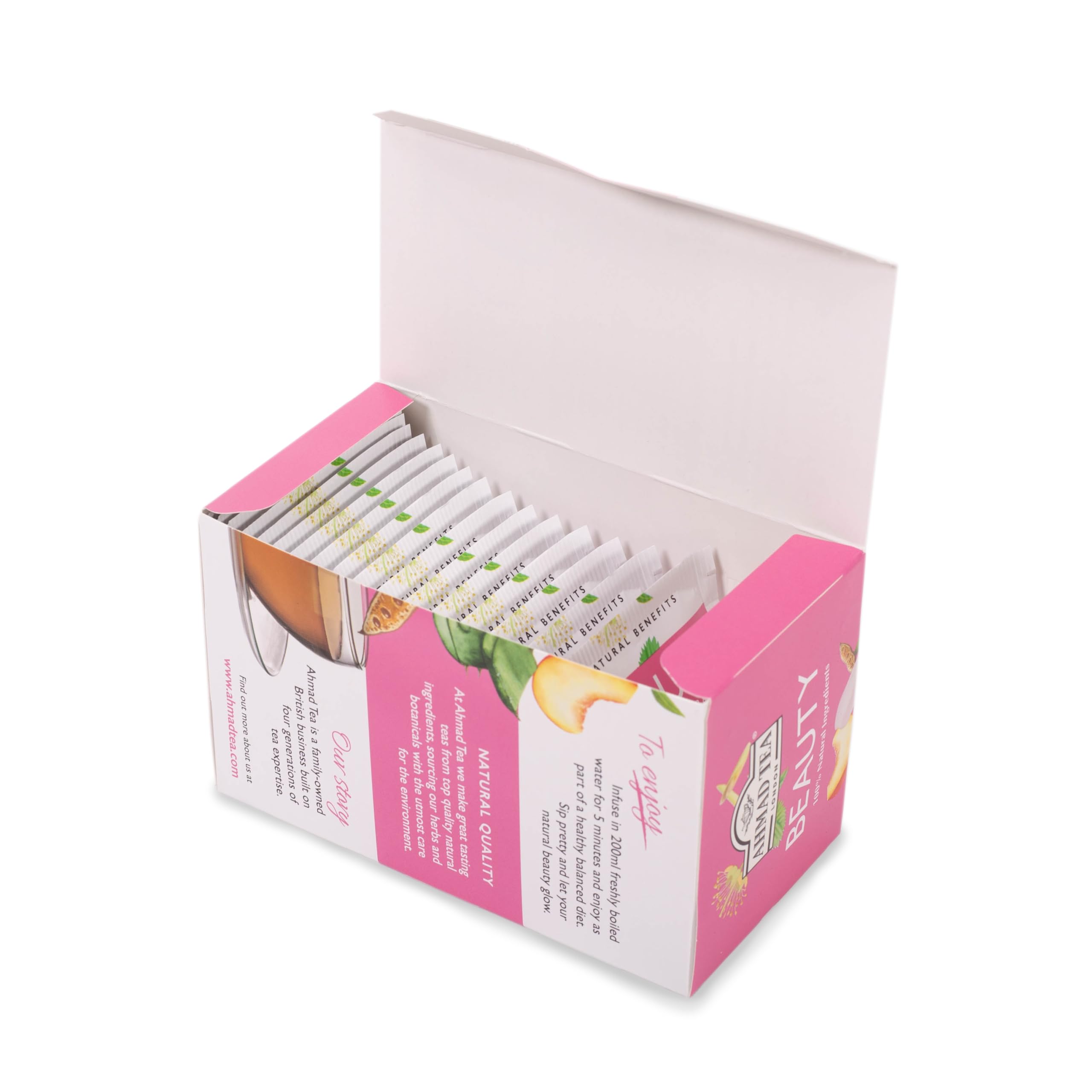 Ahmad Tea Natural Benefit Beauty Infusion Rooibos Tea with Peach, Carob & Rose Petals, 20 Count