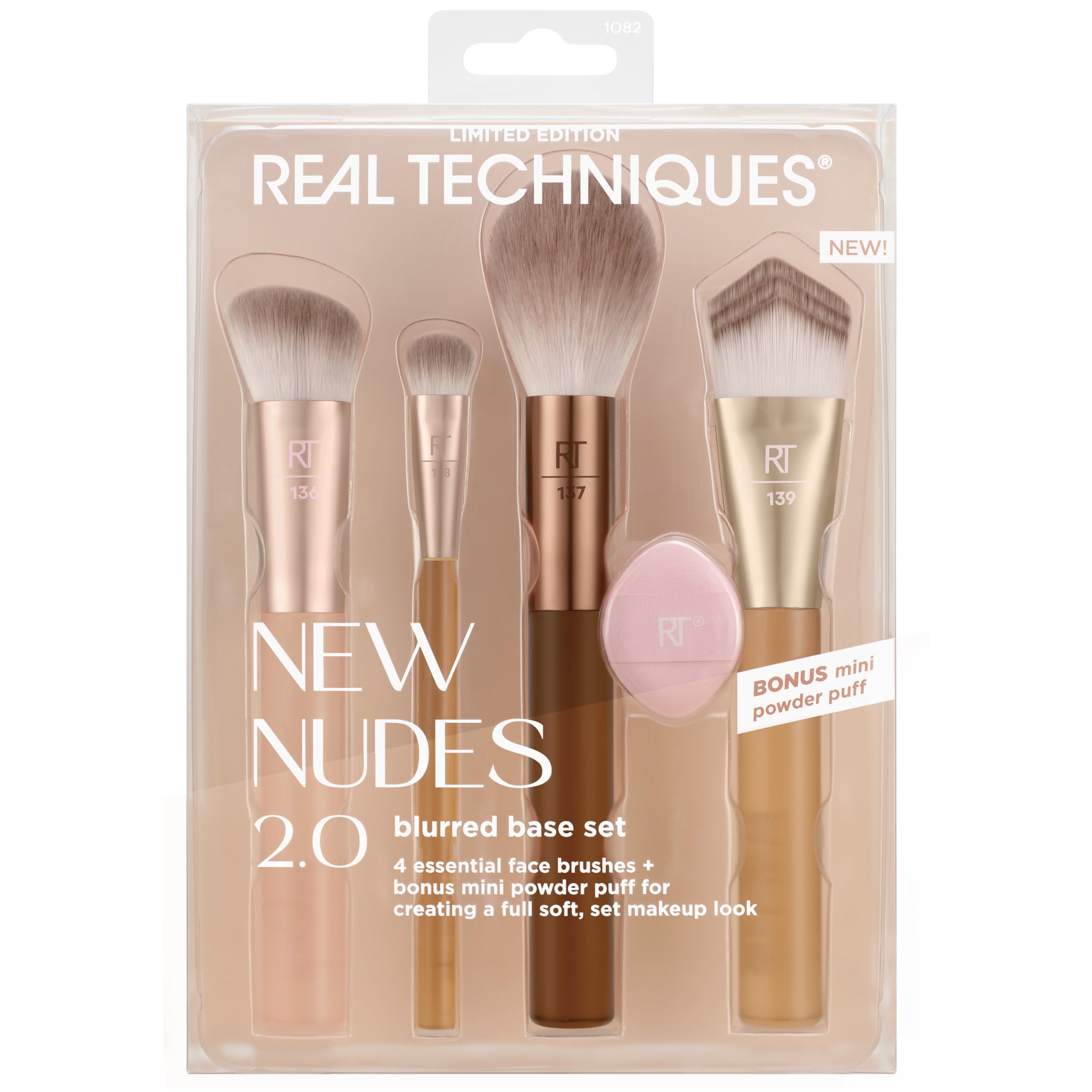 REAL TECHNIQUES New Nudes 2.0 Blurred Base Kit - 5 Piece Face Makeup Brush Set with Mini Powder Puff 1