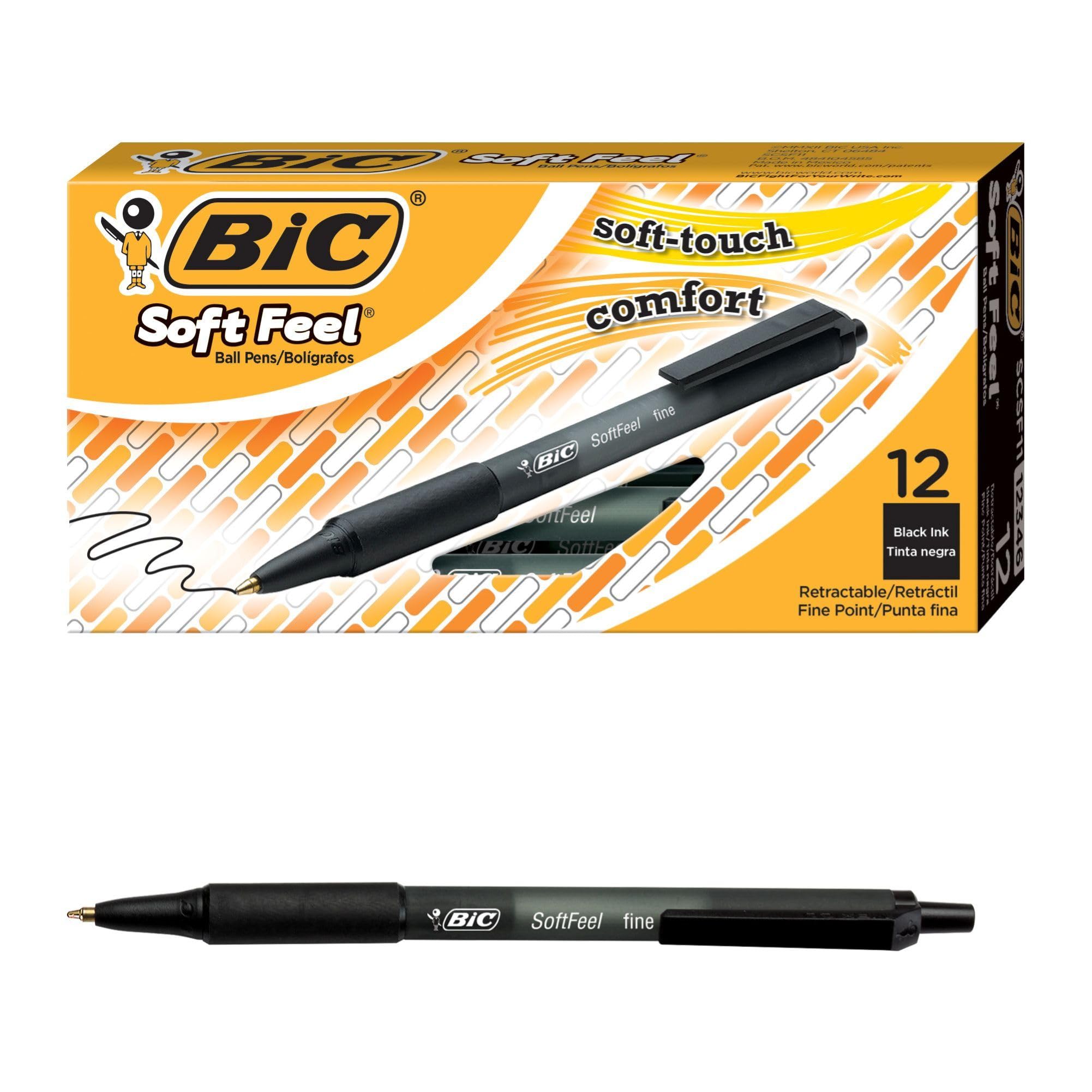 BIC Soft Feel Retractable Ballpoint Pens - Black Ink, Medium 1.0mm Point, Comfort Grip, 12 Pack