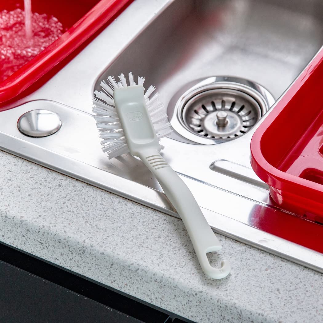 Addis Jumbo Washing Up Dish Brush - Durable Nylon Bristles | Built-in Scraper | Linen 4