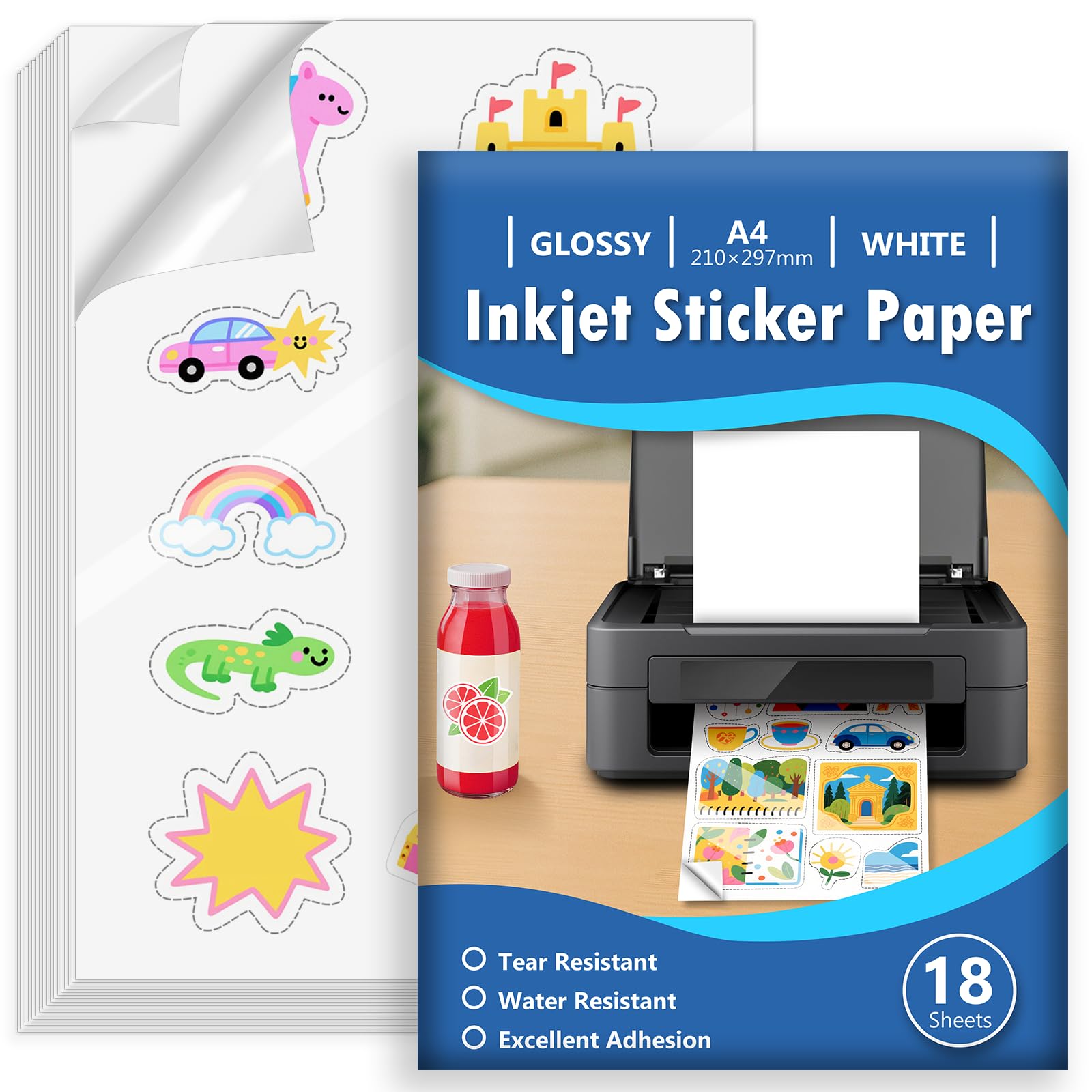 Euqvunn Glossy White Inkjet Sticker Paper - 18 A4 Sheets | Water-Resistant Vinyl 1