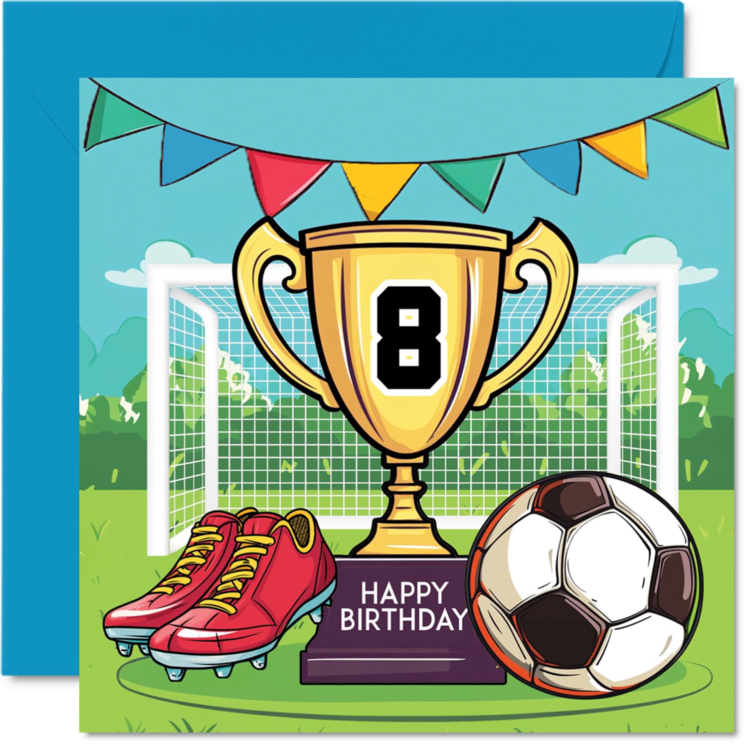 Stuff4 8th Birthday Card for Boy - Football Trophy Design | 145mm Square | Blank Inside