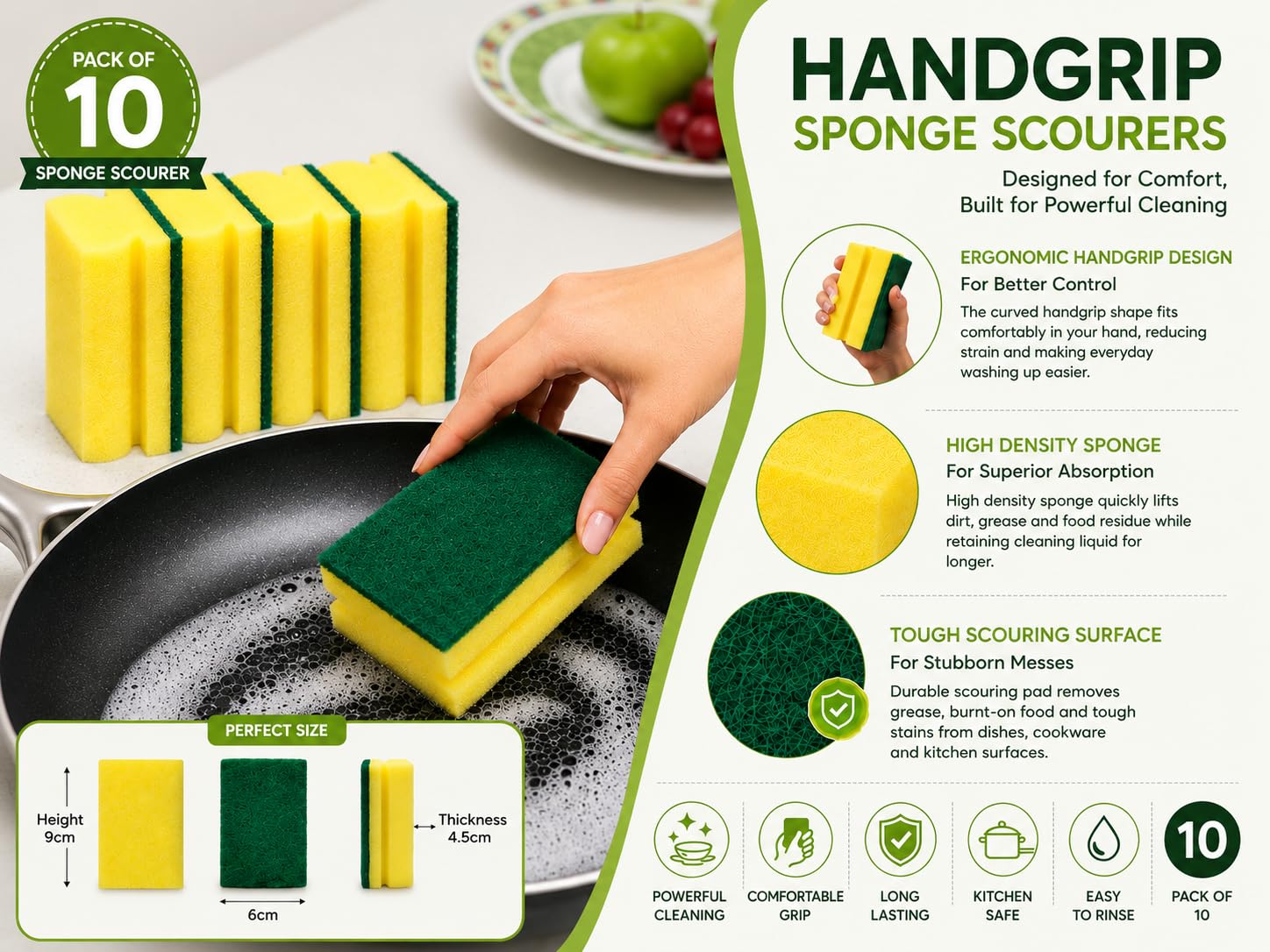 STERLING PRODUCTS Hand Grip Sponge Scourers - Heavy Duty Kitchen Cleaning | 10 Pack | Yellow Green 2