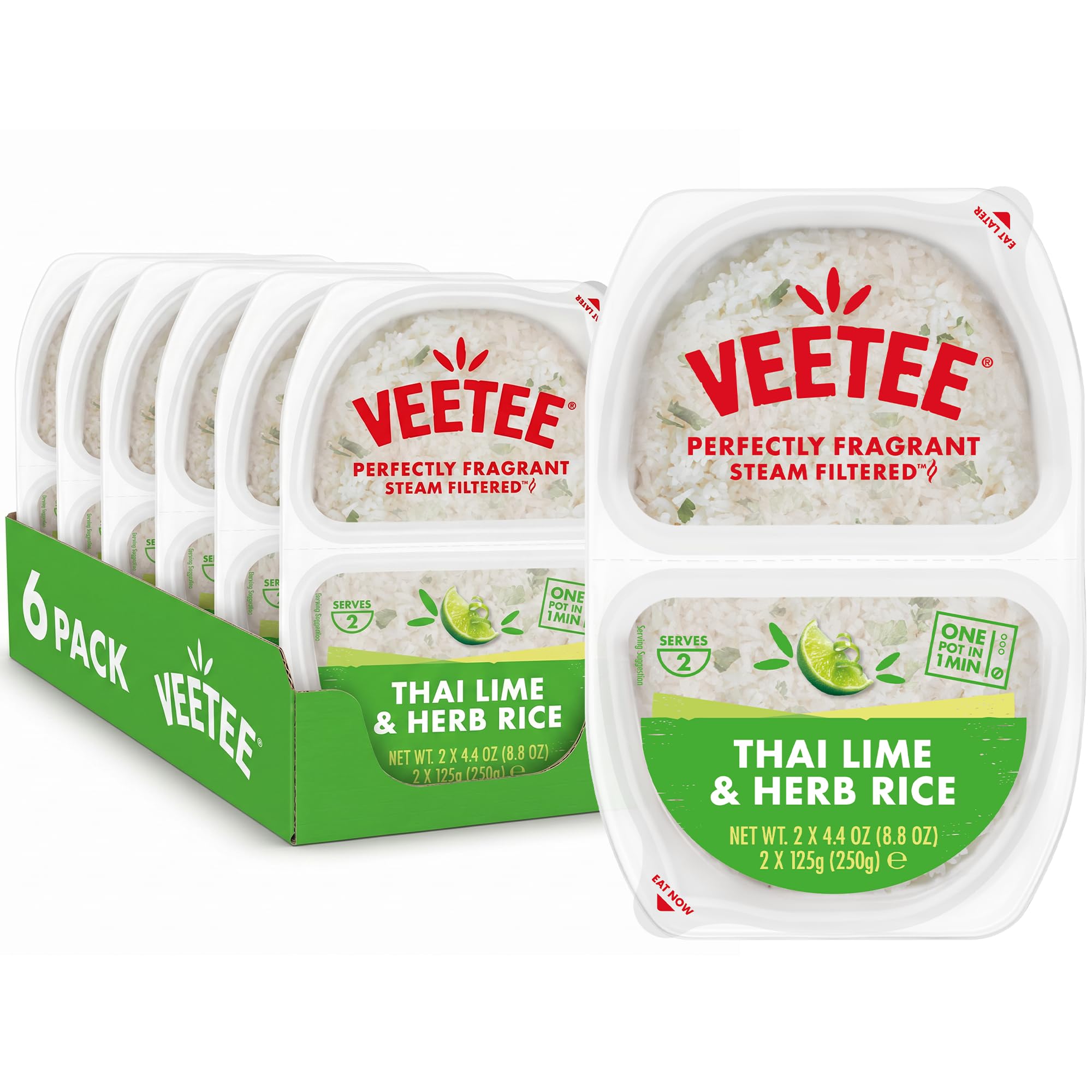 VEETEE Thai Lime & Herb Steamed Jasmine Rice Microwave Pots - 60 Second Cook Time | Pack of 6 | 125g Pots