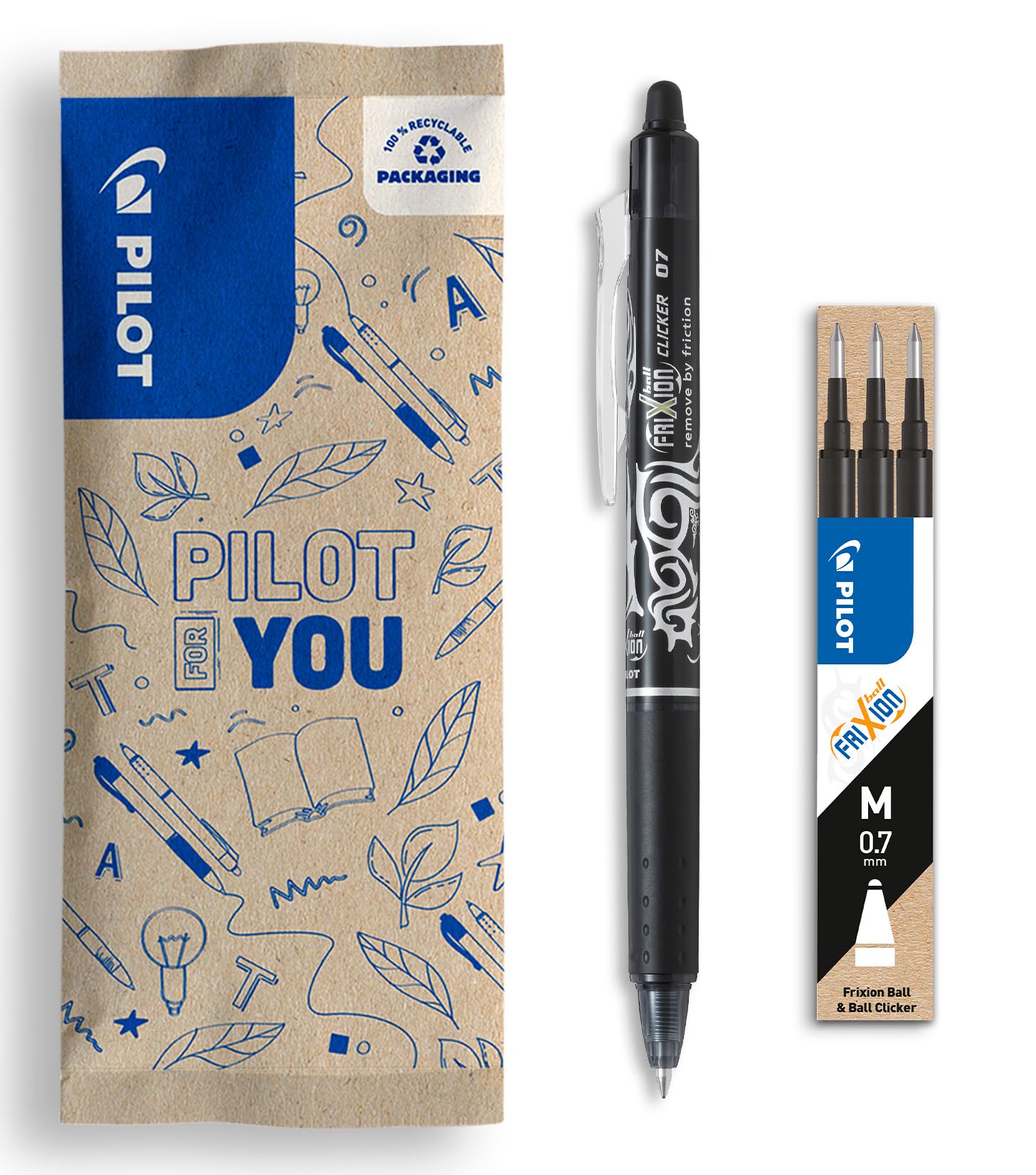 PILOT Flow Pack FriXion Ball Clicker 07 X1 Black - Set of 3 Black Gel Ink Rollerball Refills 1