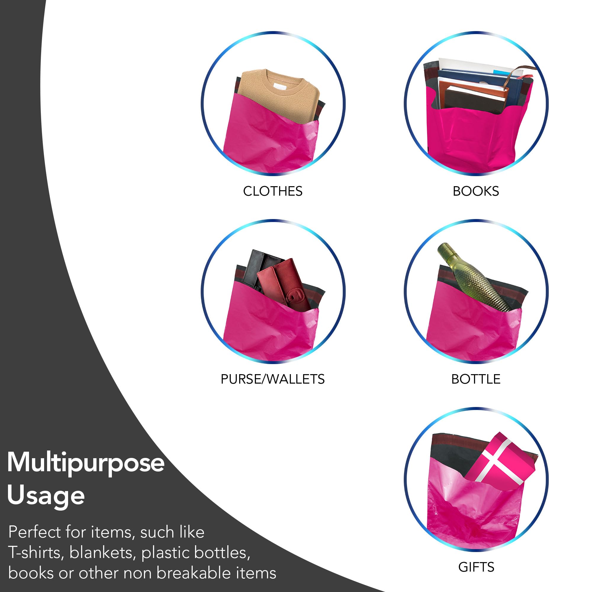 iSOUL 125 Assorted Hot Pink Poly Mailing Bags - 5 Sizes, Self-Seal, Water Resistant | 60 Micron 5