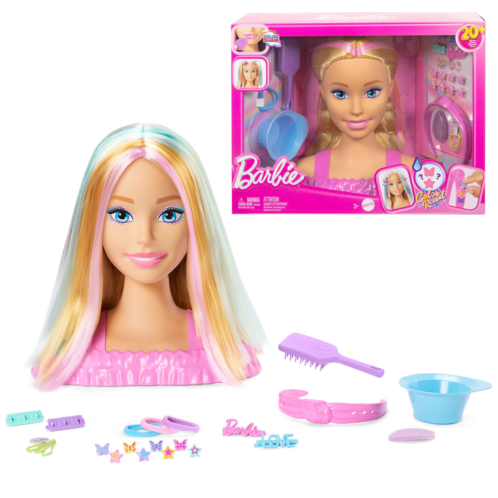 Barbie Styling Head with 20+ Hair Styling Accessories including Color Change Clips | Blonde | JFG81 1
