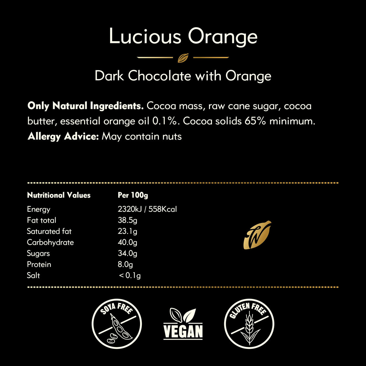 Willie's Cacao Luscious Orange 65% Dark Chocolate Bar - 50g - Vegan