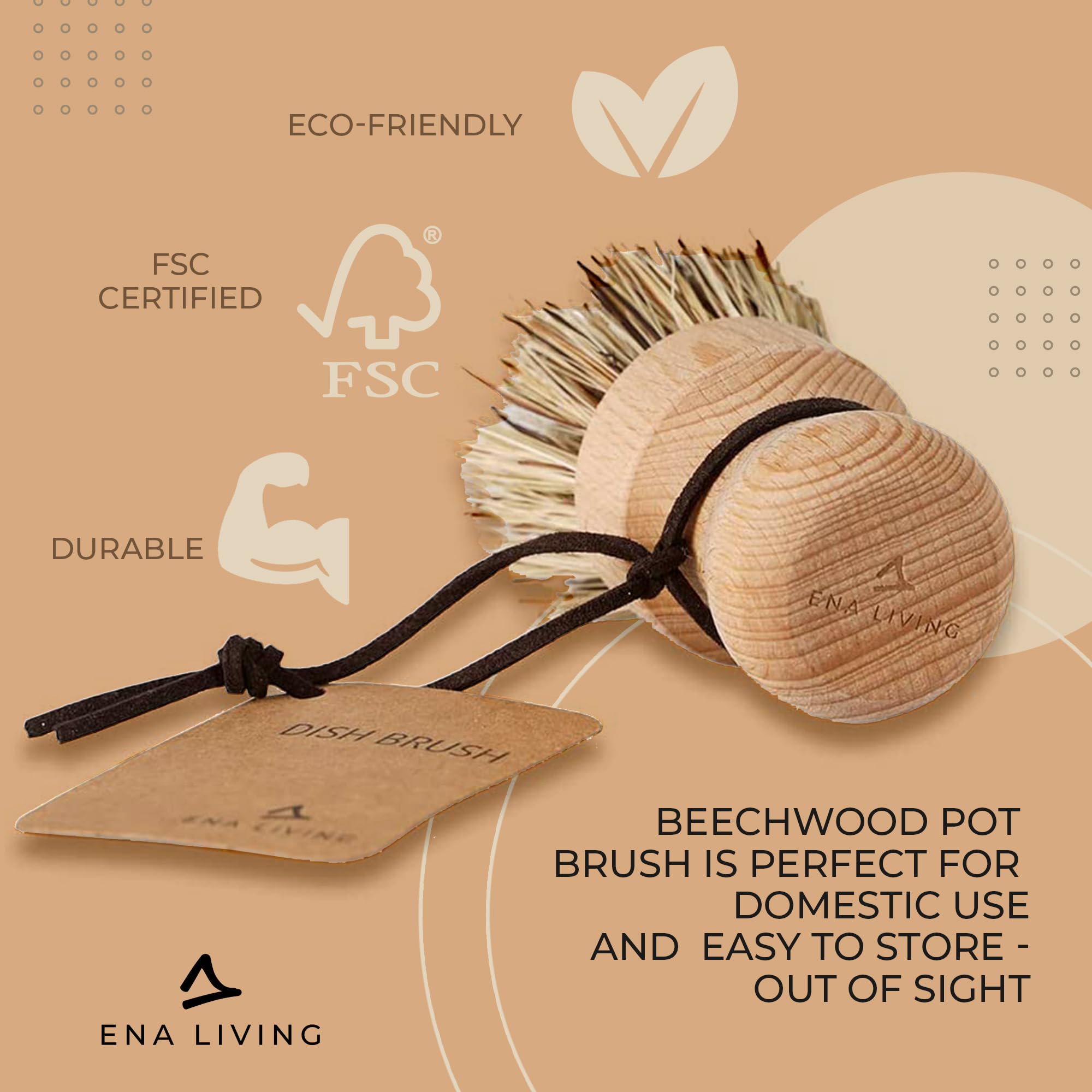 ENA Living - Wooden Pot Brush | FSC-Certified Beechwood with Coconut Fiber Bristles (9x6 cm)