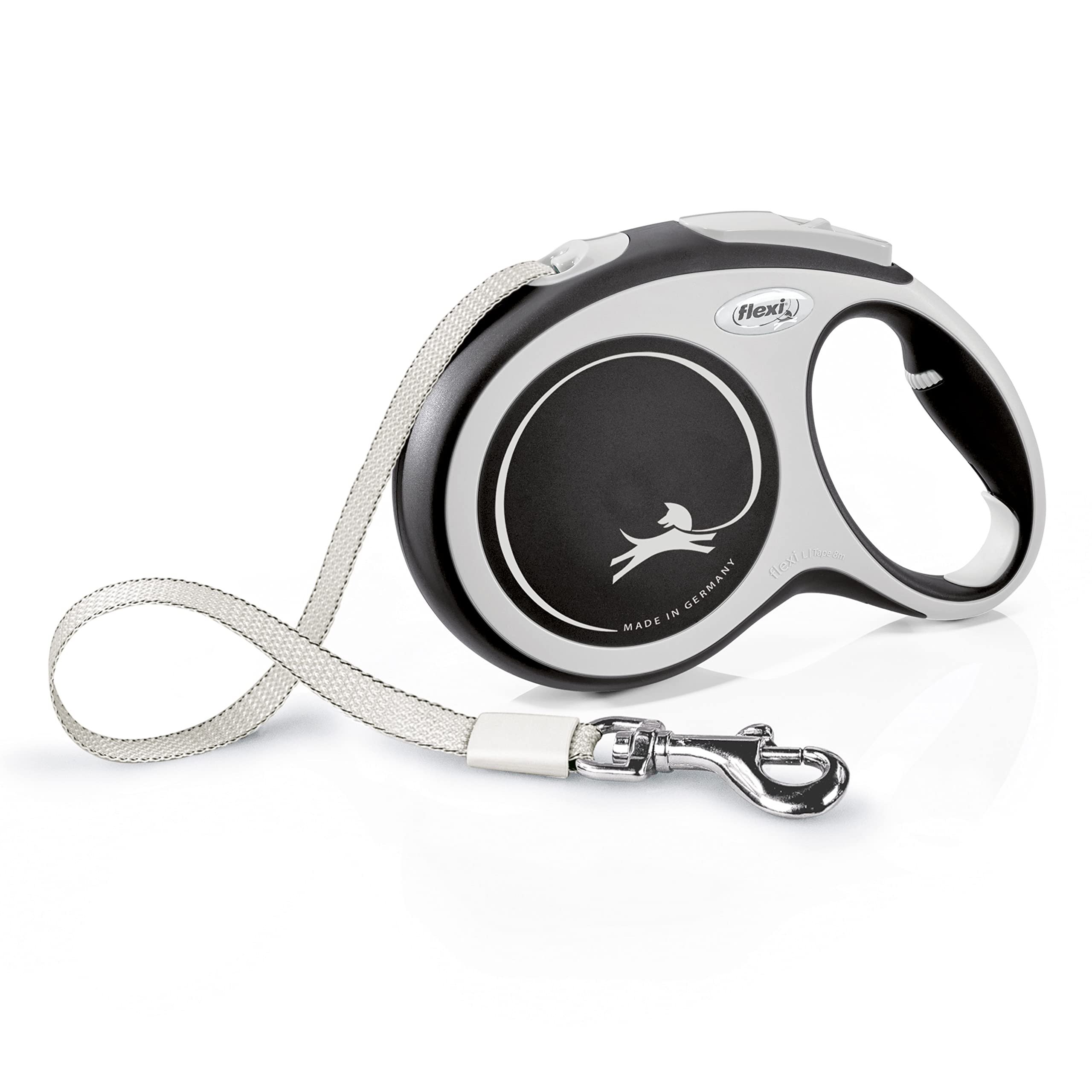 flexi New Comfort Tape Retractable Dog Lead - 8m Tape | Up to 50kg/110lbs | Grey & Black