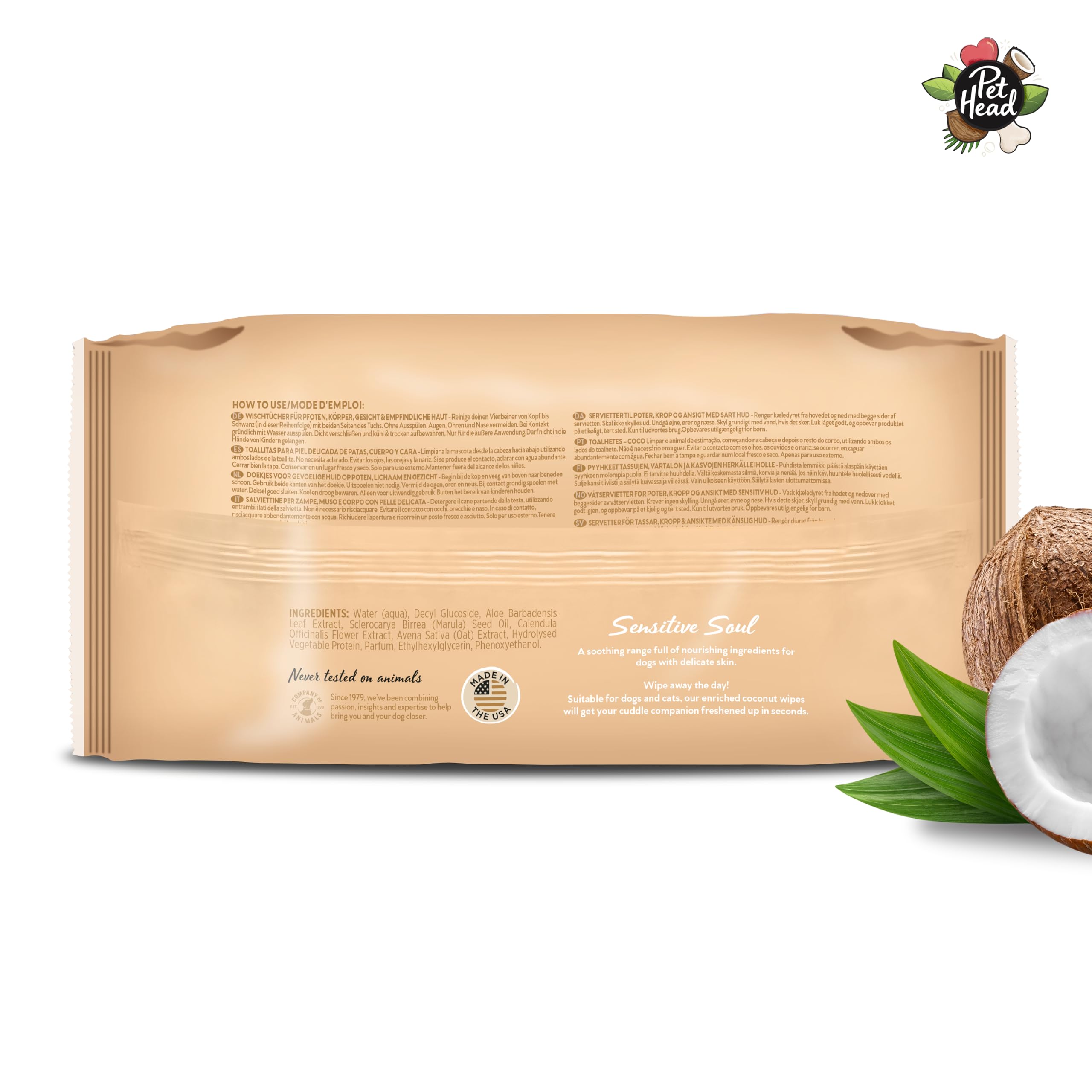 Pet Head Sensitive Soul Dog & Cat Wipes - Coconut Scent, Soothing for Paws/Body/Face | 100-Pack
