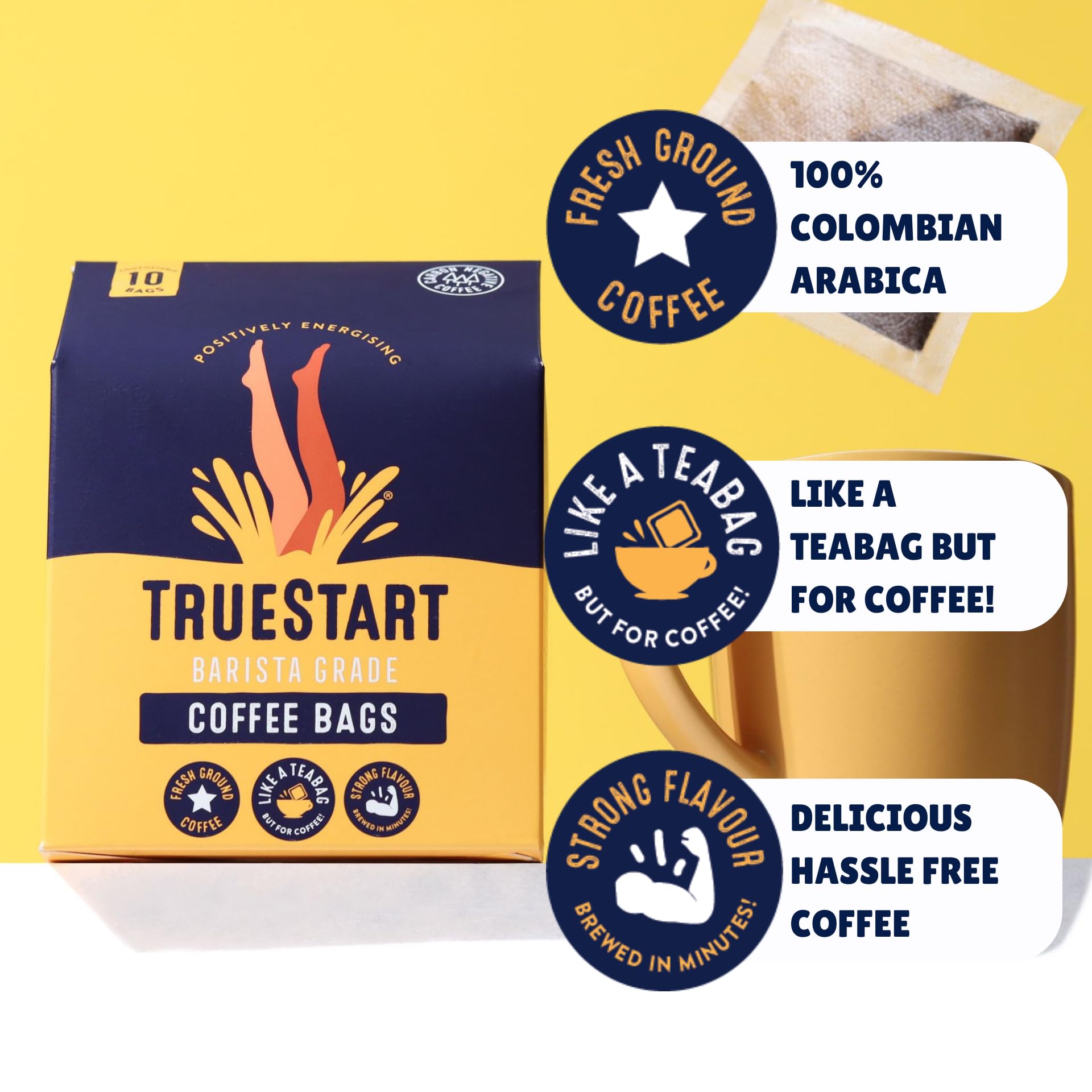 TRUESTART Coffee Bags - Smooth Energising Colombian Arabica, Mycotoxin-Free, 10 Count