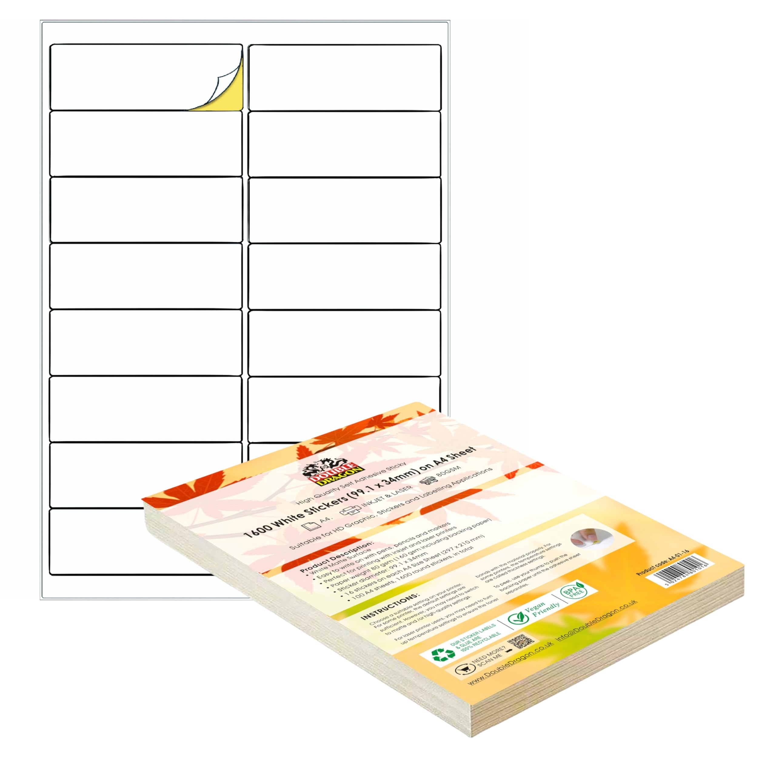 Double Dragon A4 Printer Labels - 1600 Matte White Stickers | 99.1 x 34mm | Inkjet/Laser Compatible 1