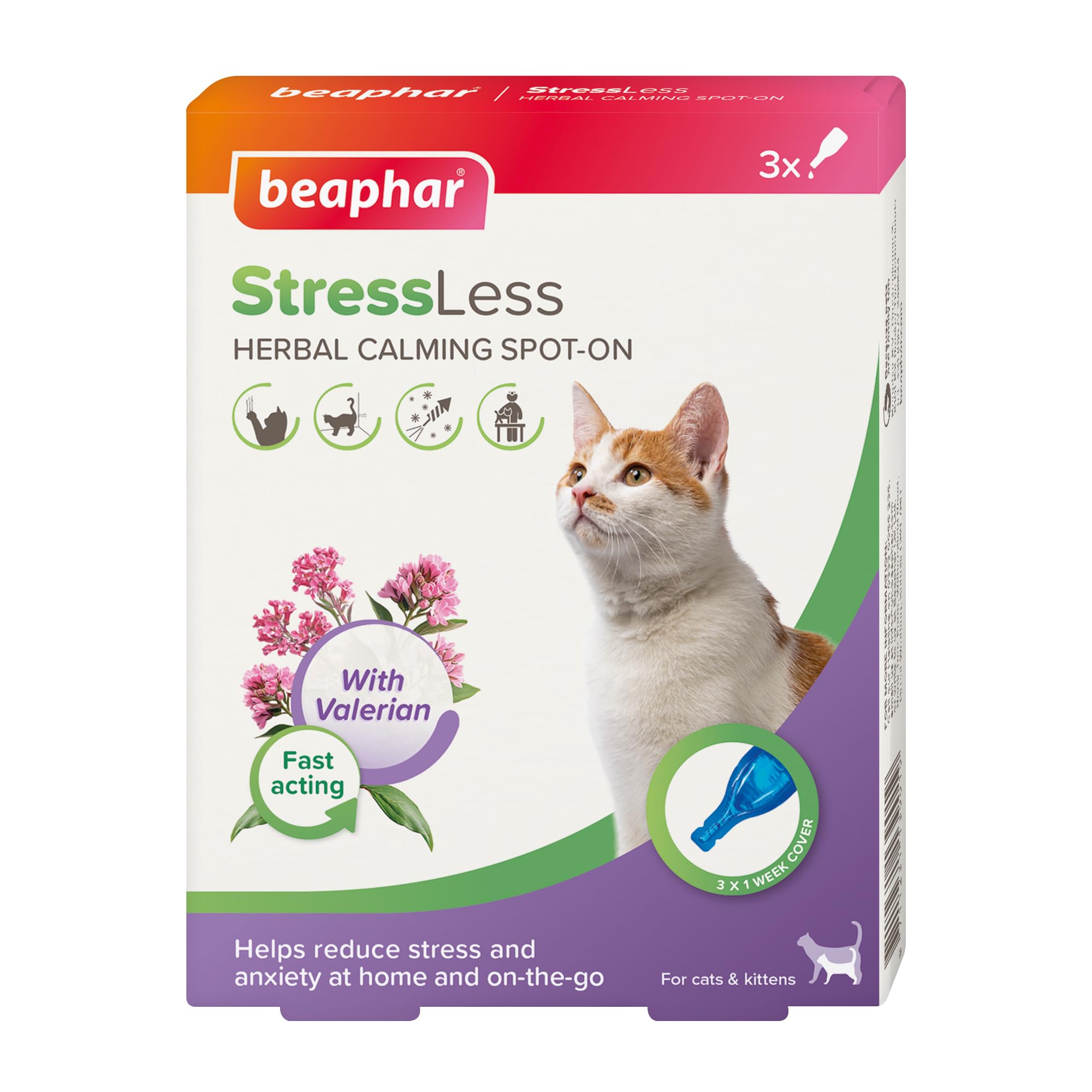 Beaphar StressLess Herbal Calming Spot-On for Cats - 3 Pipettes | Up to 1 Week Relief Per Application