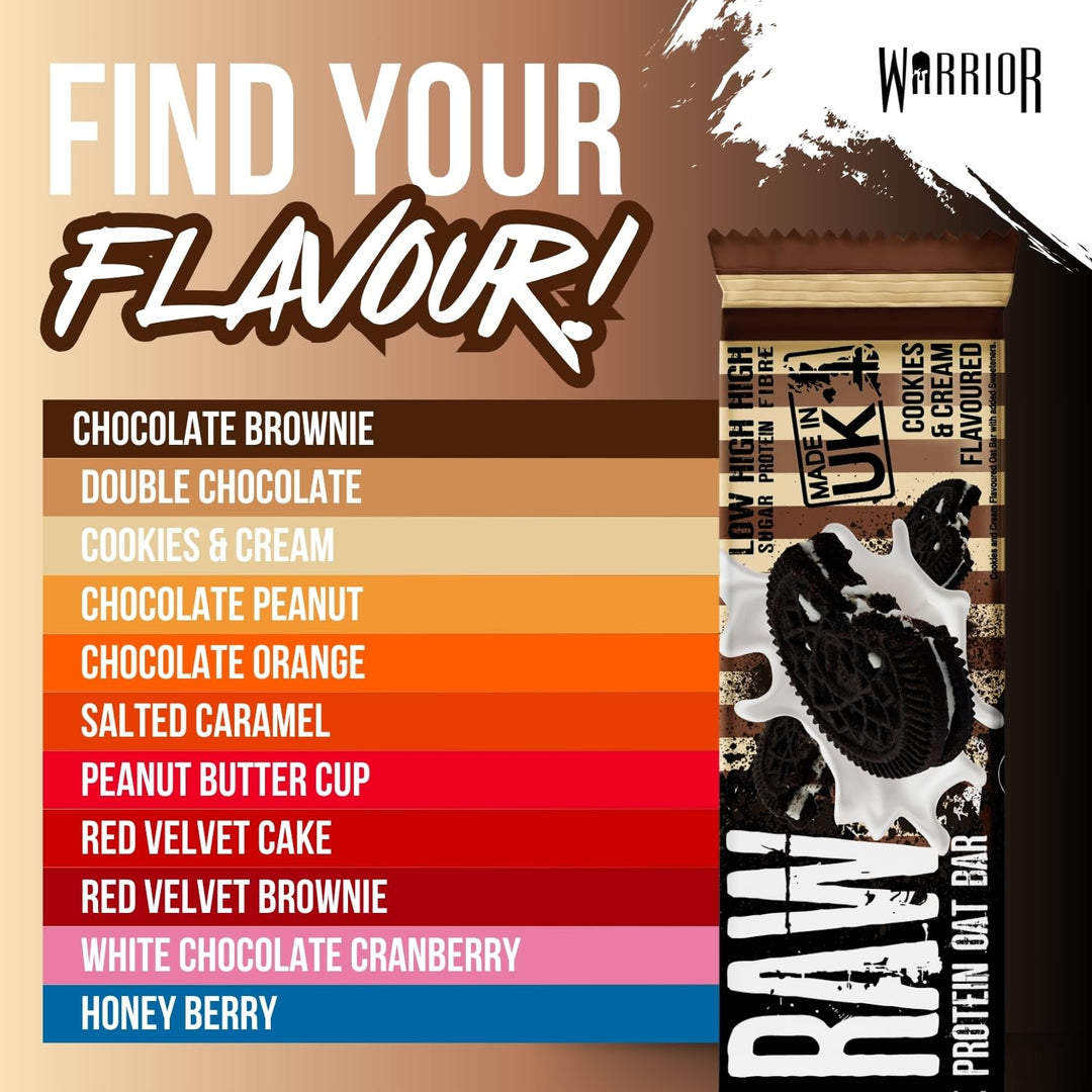 Warrior Raw Protein Bars - 12 x 75g Cookies & Cream High Protein Oat Flapjacks - Low Sugar, High Fibre - UK Made